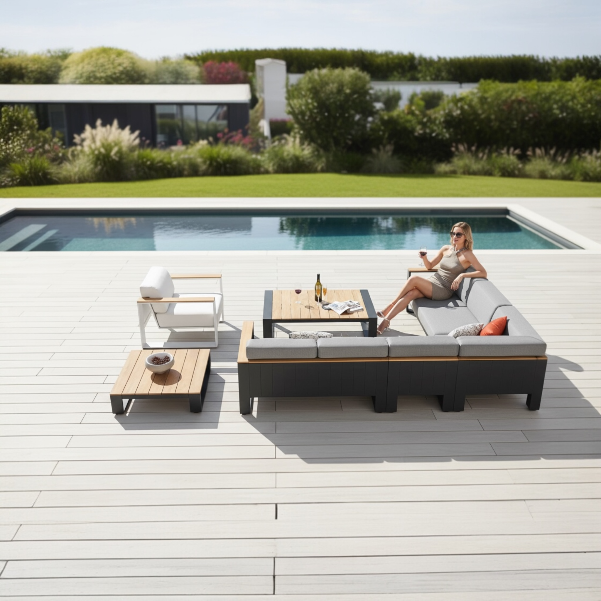 Salon de jardin d'angle en aluminium et teck SFC avec coussins en tissu acrylique déhoussables et déperlants, design italien .