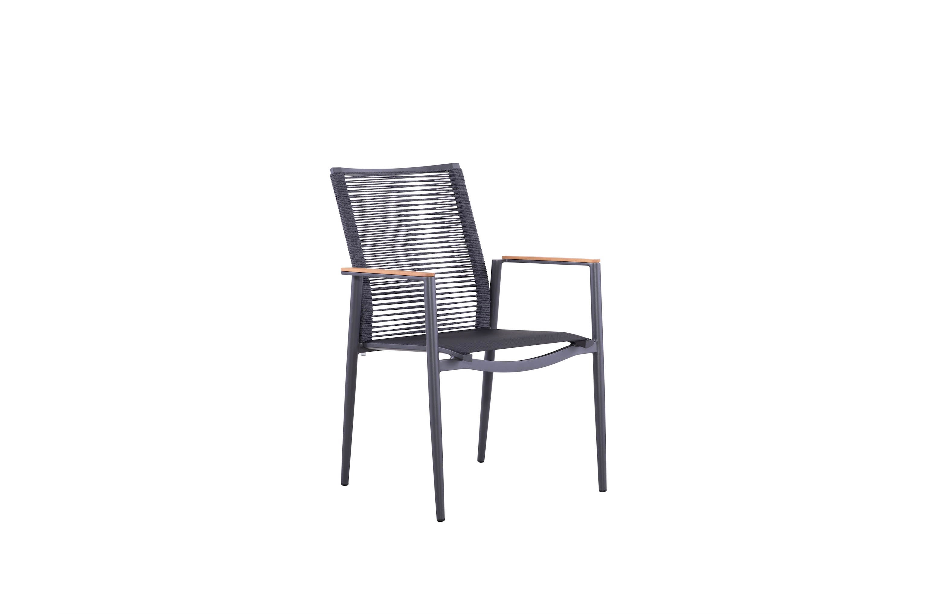 Chaise repas jardin empilable en aluminium haut de gamme inoxydable noir, accoudoirs en bois, design élégant avec tressage.