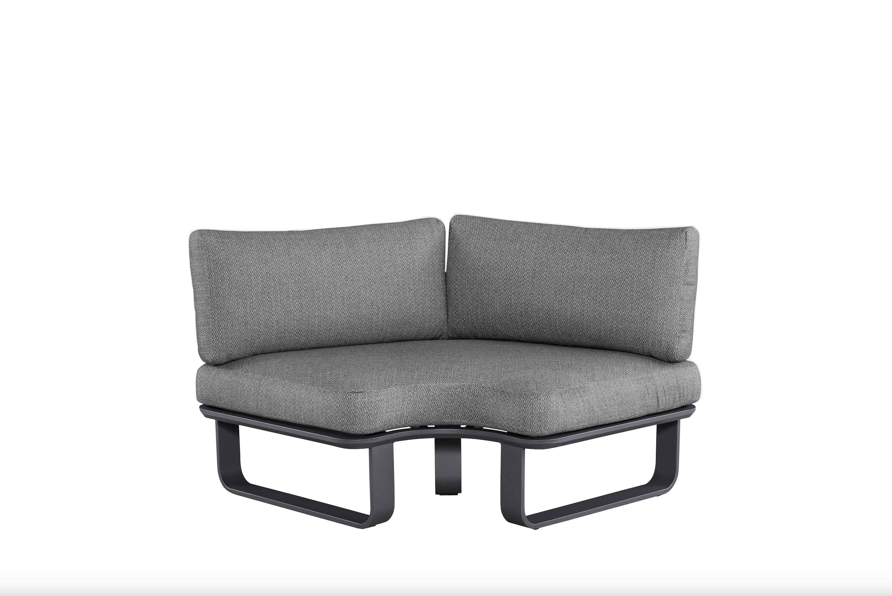 Canapé d'angle de jardin en aluminium haut de gamme noir, coussins gris en mousse Quick Dry Foam avec housse déperlante et dehoussable.