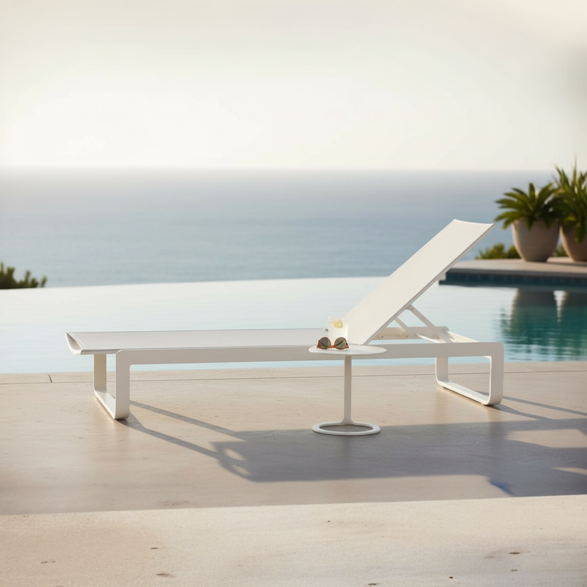 Bain de soleil en aluminium haut de gamme avec toile blanche en textilène, design épuré et élégant, peinture epoxy.