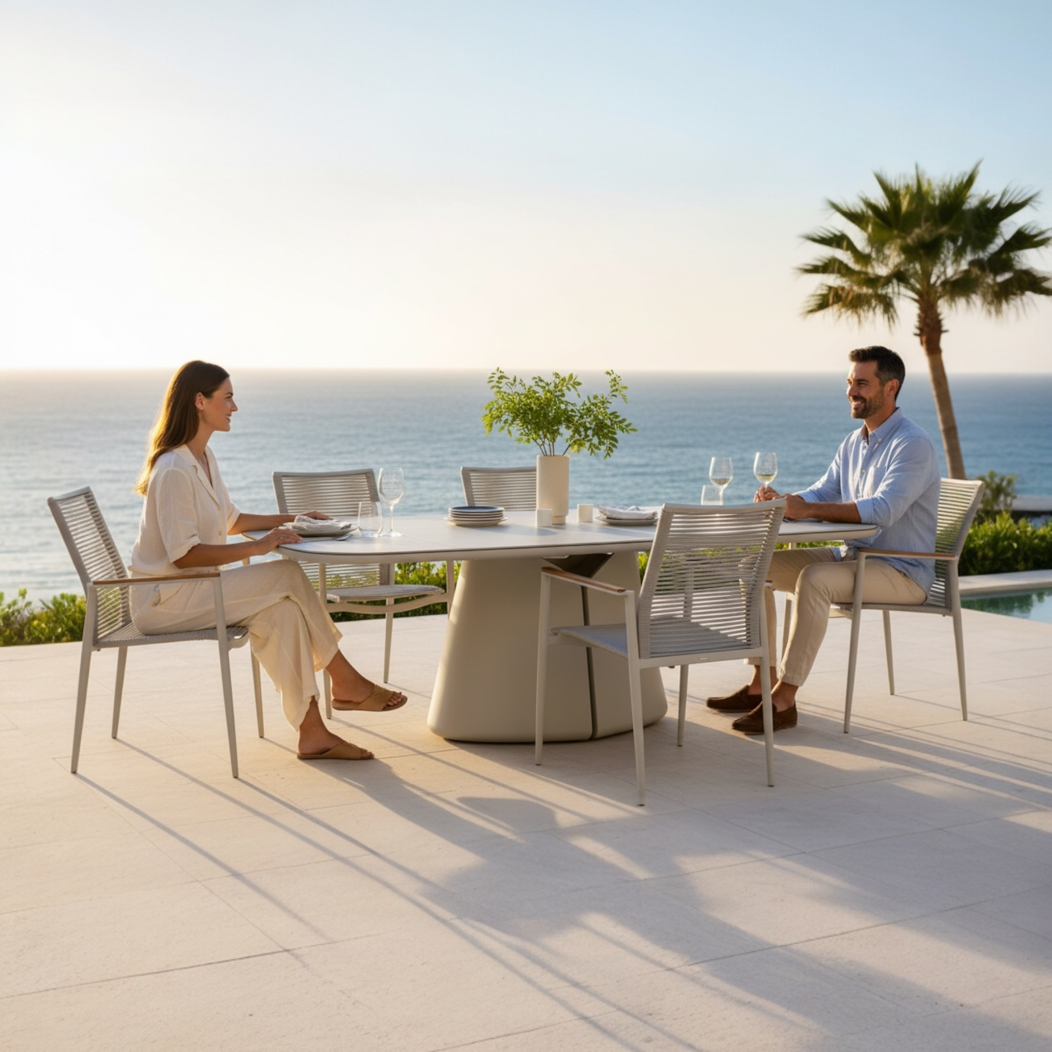 Table repas de jardin luxe en aluminium haut de gamme inoxydable, grand espace, plateau céramique VÉNUS, design élégant.