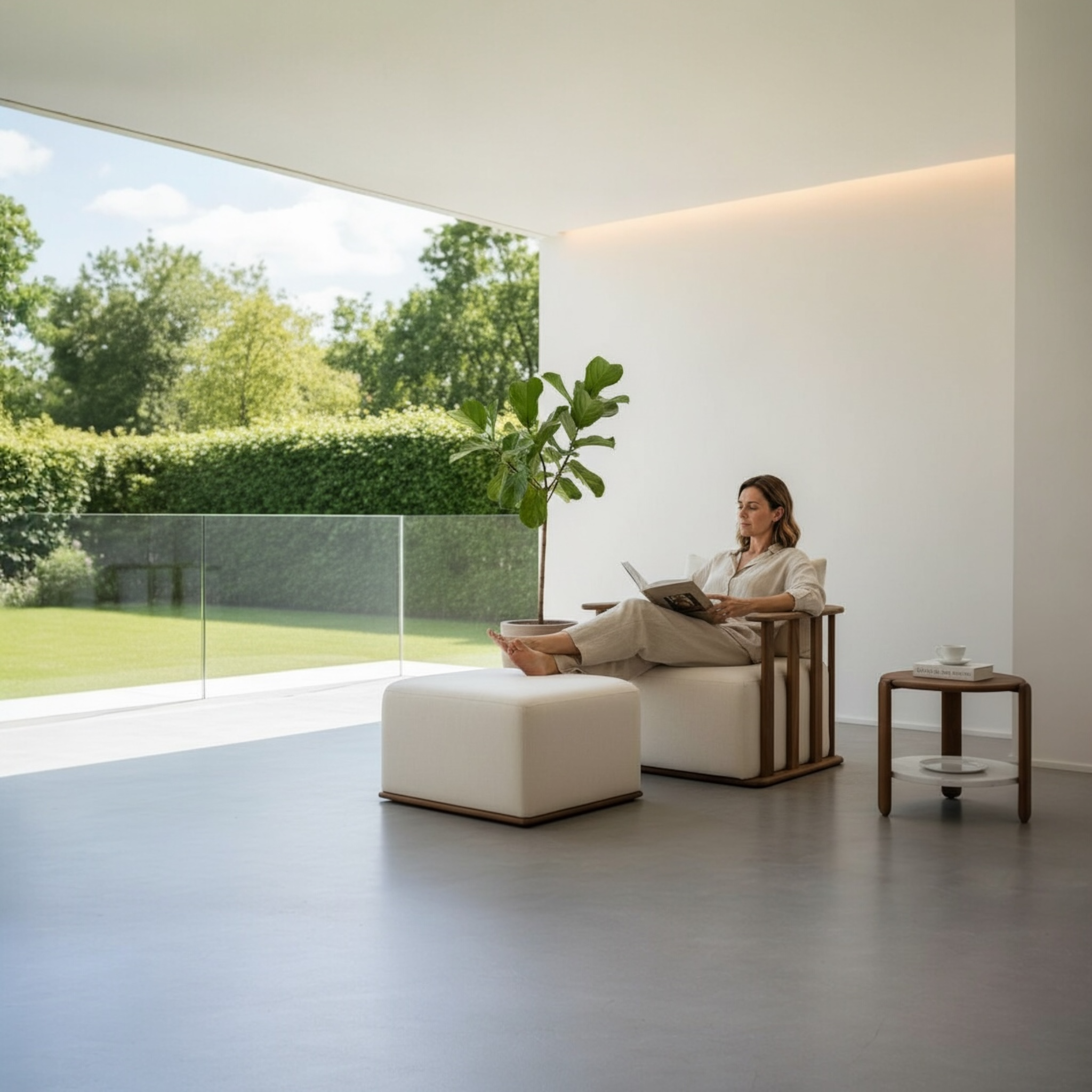 Pouf extérieur en teck FSC massif avec housse déhoussable en tissu acrylique déperlant, design italien de luxe, ambiance.