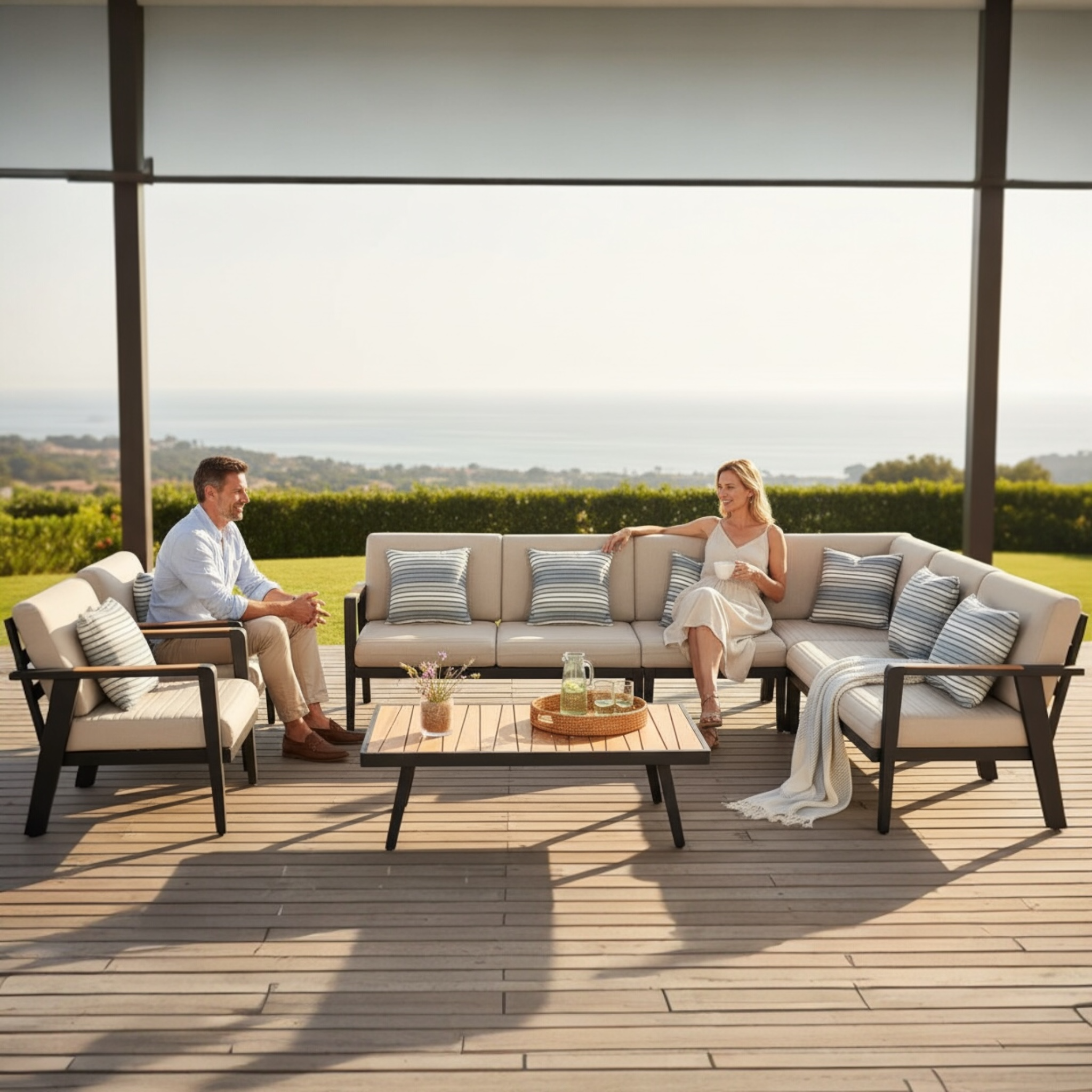 Salon de jardin d'angle en aluminium haut de gamme et teck FSC, design luxe méditerranéen, coussins en tissu oléfine beige.