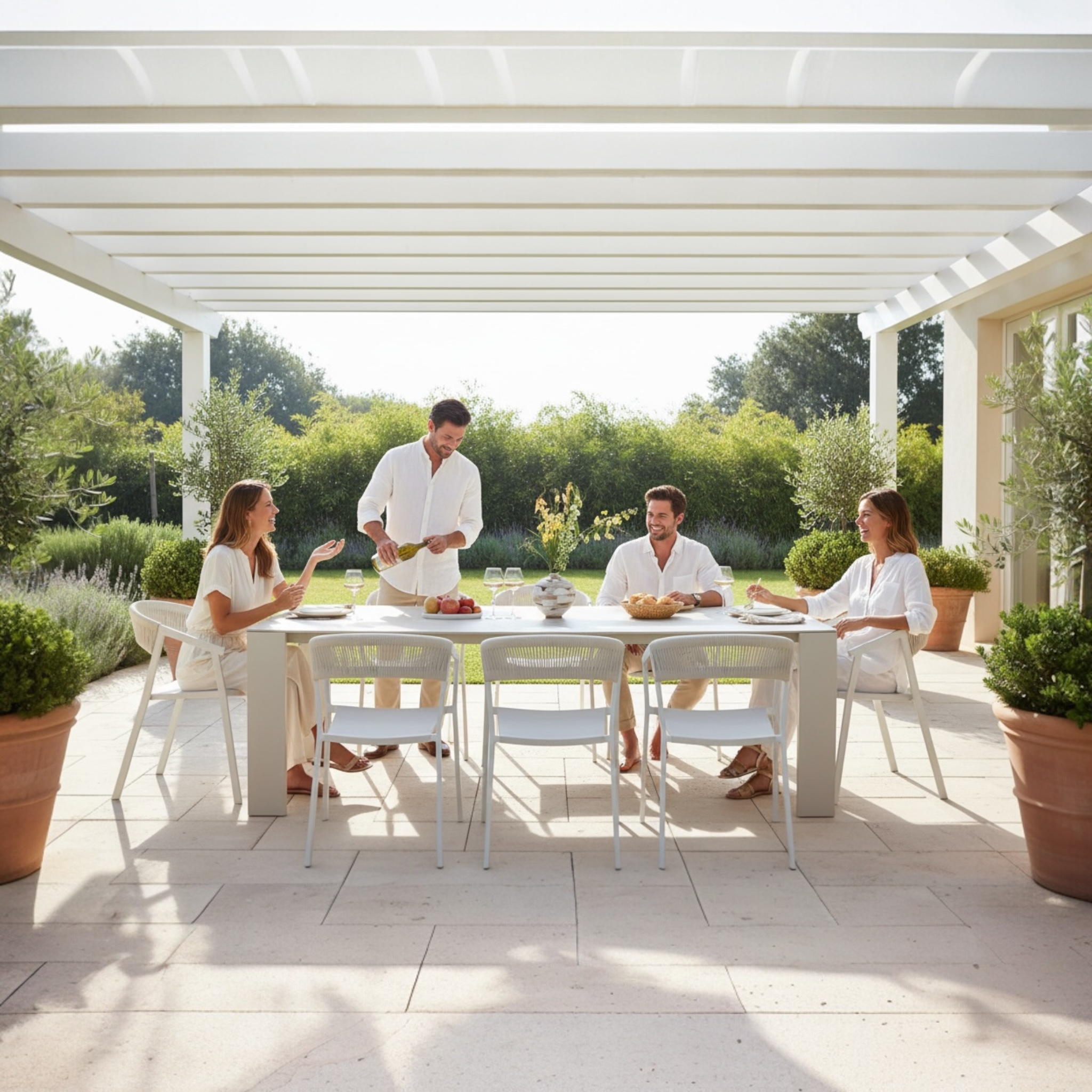 Table d'extérieur avec plateau céramique gris clair, structure en aluminium haut de gamme inoxydable blanc, design épuré.