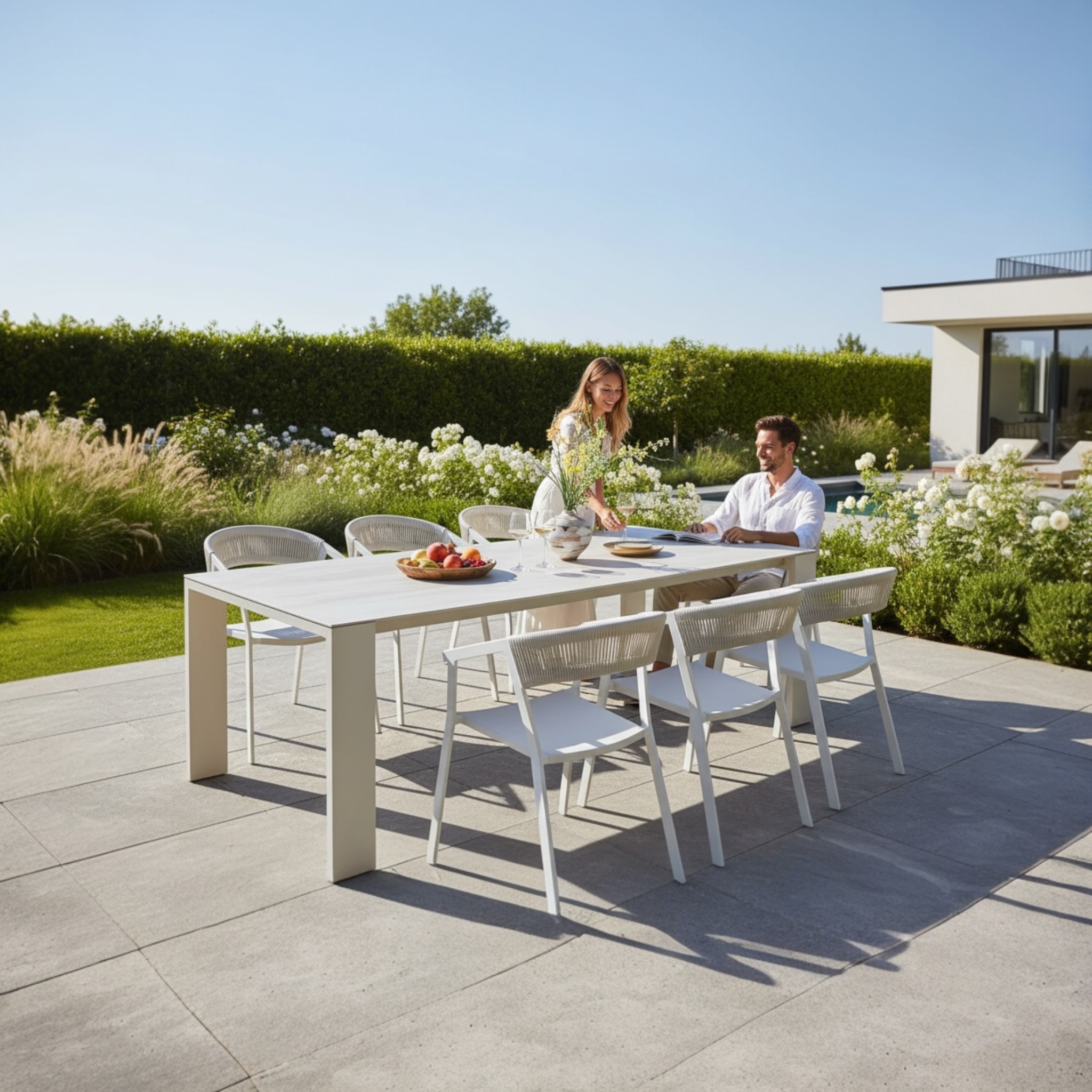 Table d’extérieur au design élancé avec plateau en céramique blanc mat, structure en aluminium haut de gamme inoxydable blanc.