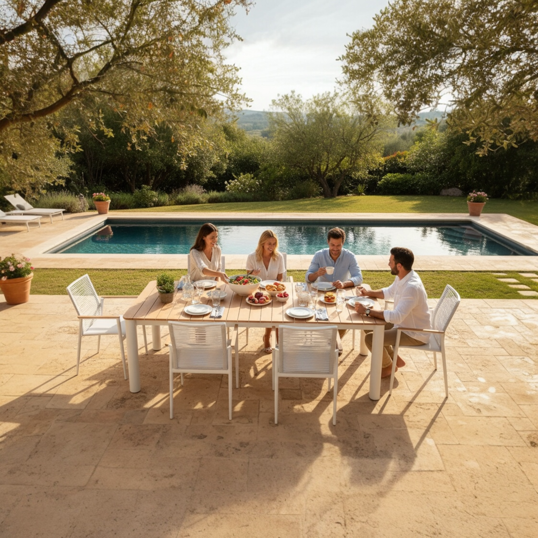 Table repas extérieur design avec plateau en teck FSC chaleureux et durable, pieds ronds cylindriques en aluminium haut de gamme.