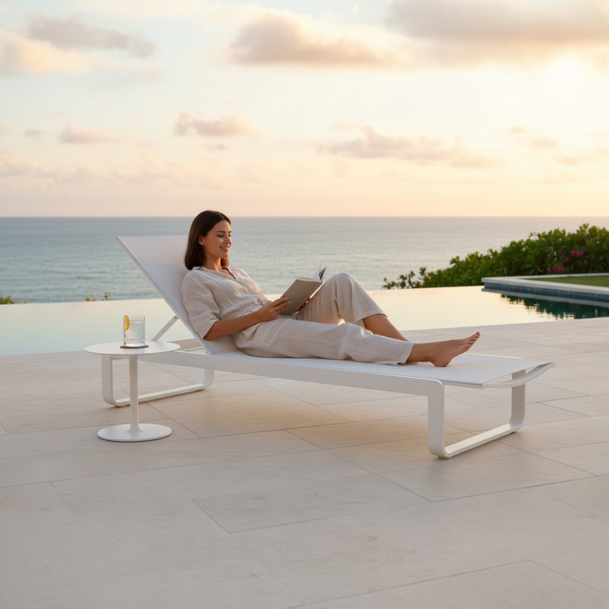 Bain de soleil élégant en aluminium haut de gamme avec toile textilène blanche, structure fine à peinture époxy blanche.