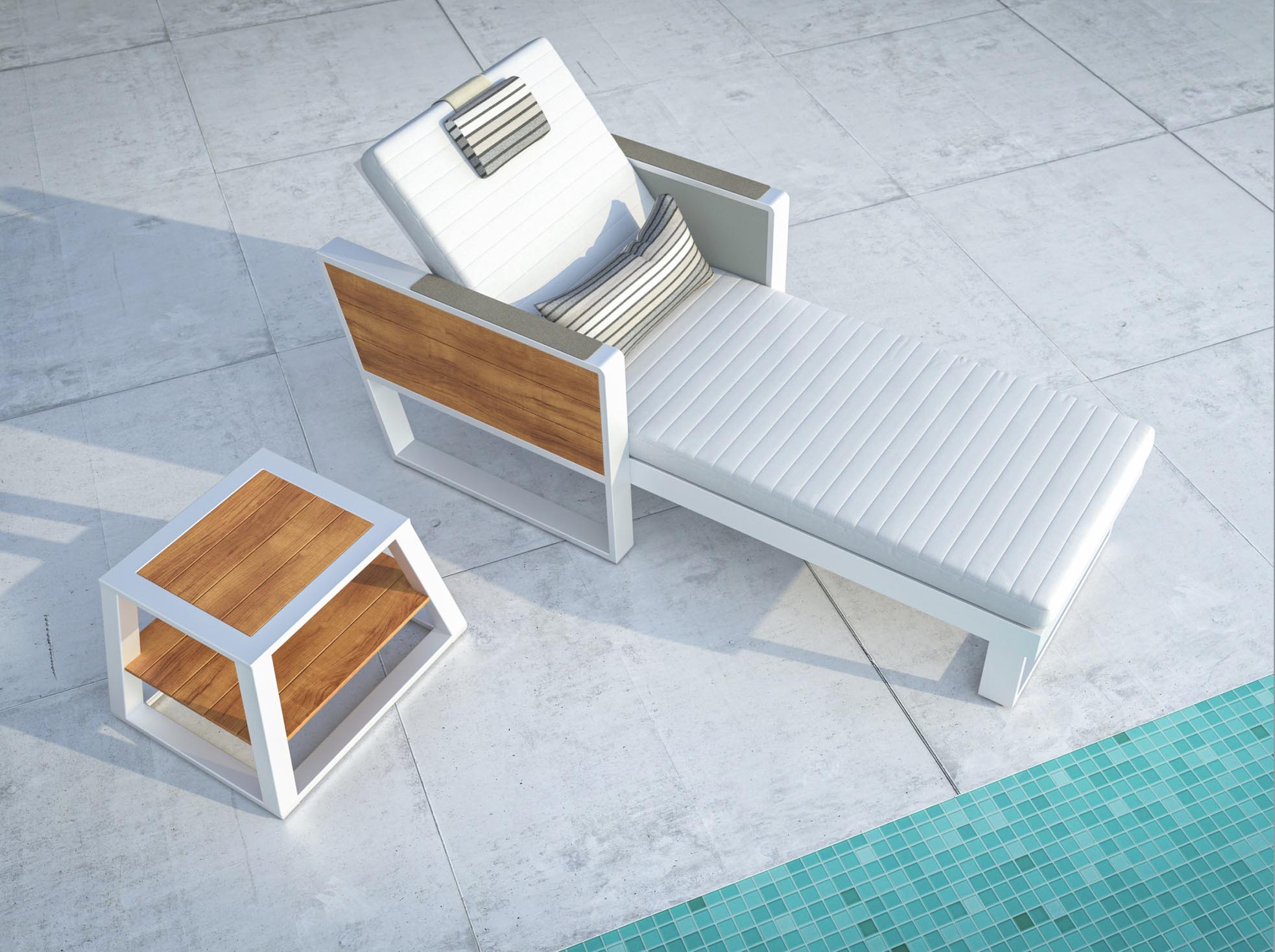 Duo de bains de soleil avec structure aluminium inoxydable et accoudoirs modulables en Teck FSC, coussins beige déperlants.