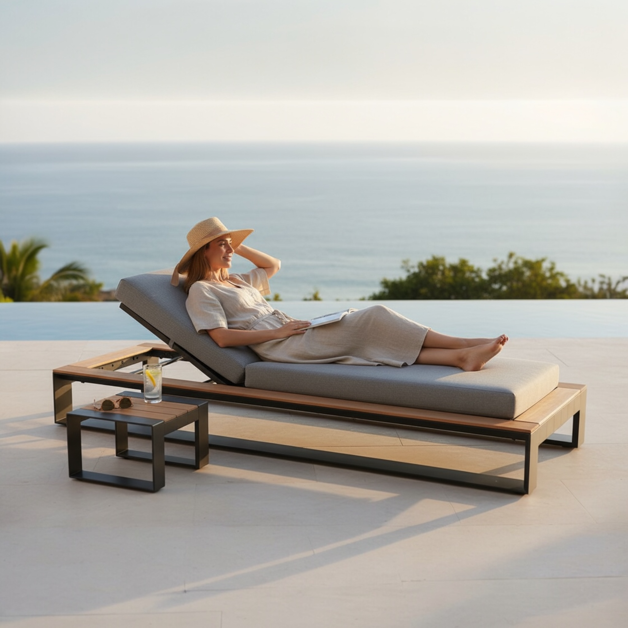 Bain de soleil contemporain en aluminium noir mat et teck SFC naturel, coussin épais en tissu acrylique gris, déhoussable et .