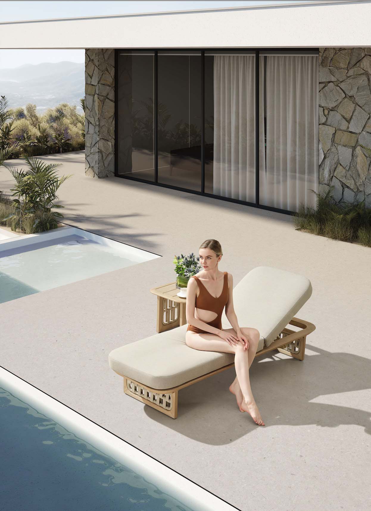 Duo bain de soleil luxe en TECK FSC avec coussins déhoussables en fibre acrylique déperlant, design italien.