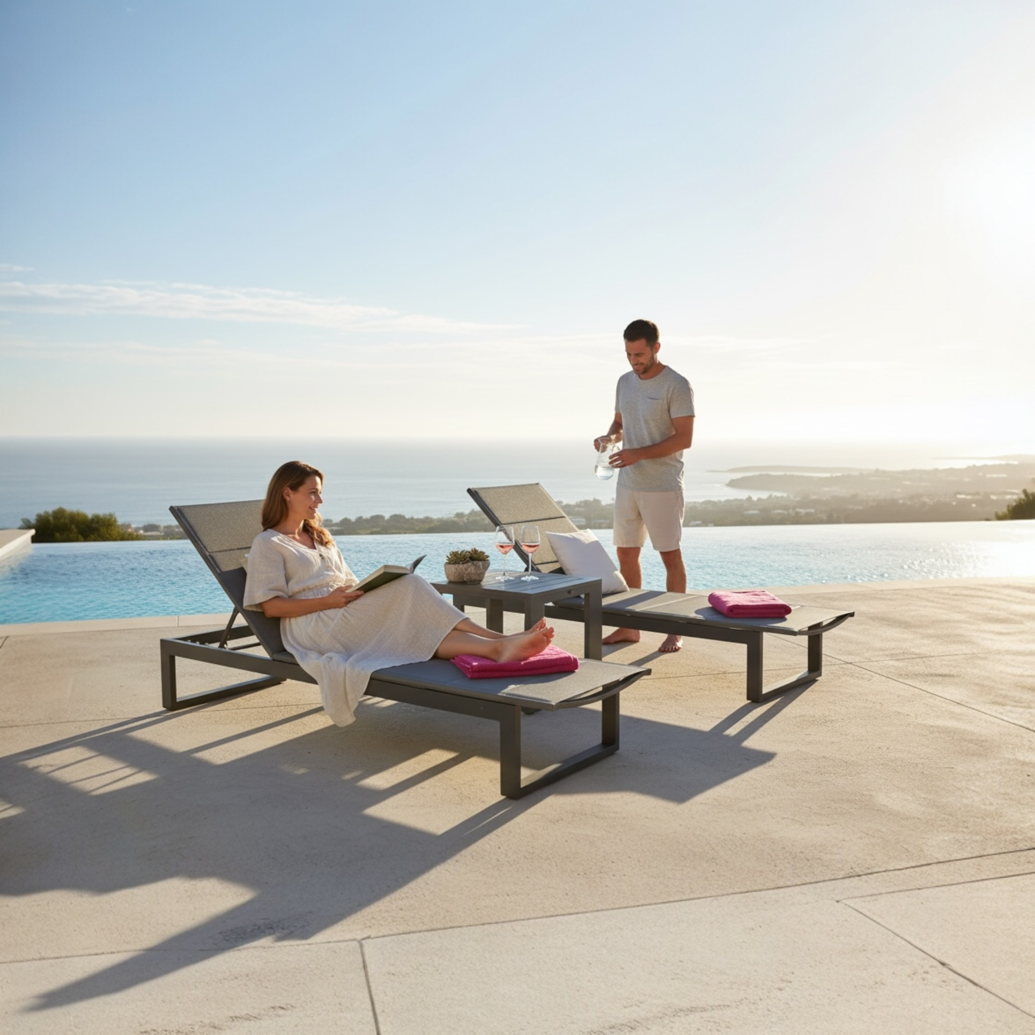 Duo de bains de soleil en aluminium haut de gamme noir avec dossier réglable et tissu 100% oléfine.
