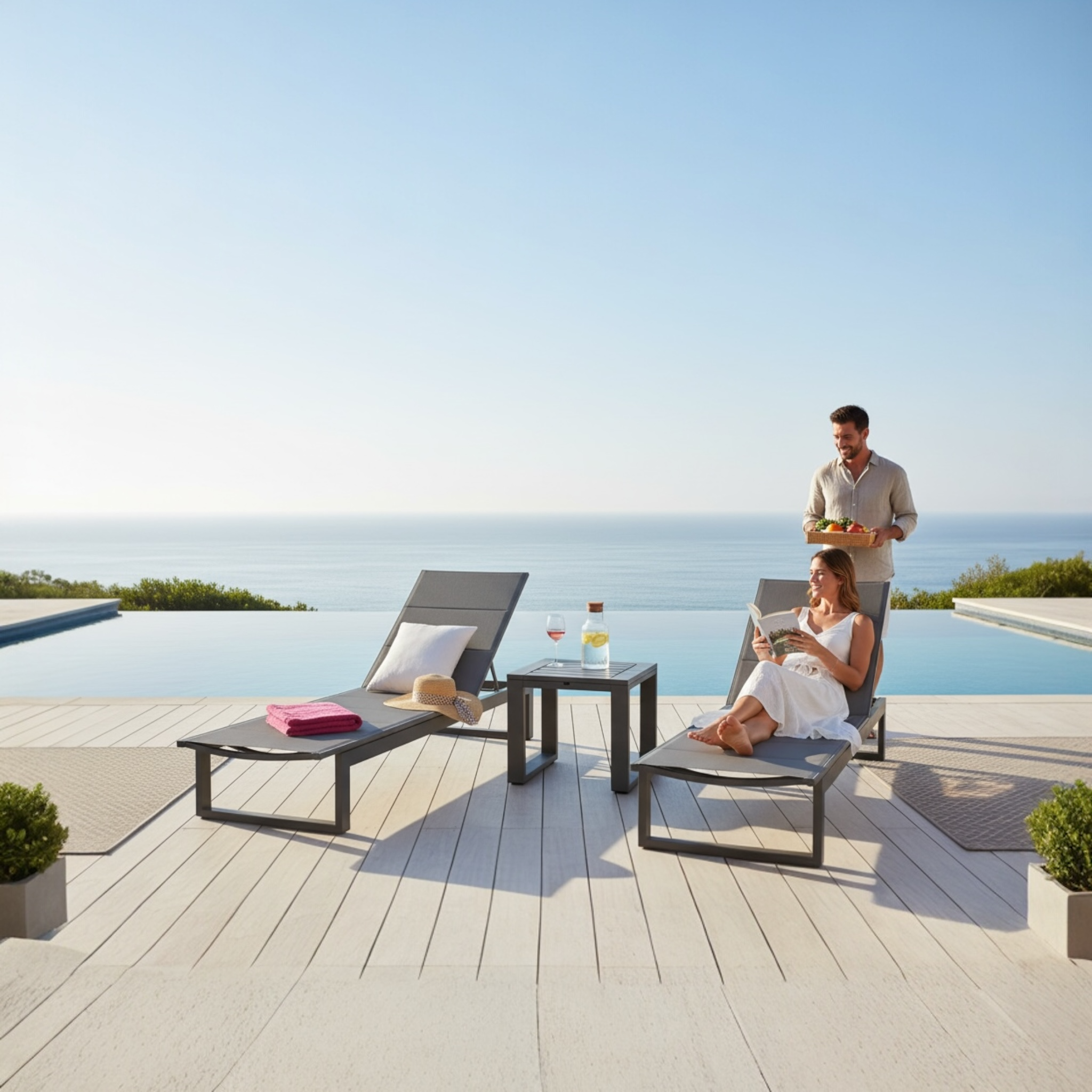 Duo de bains de soleil en aluminium haut de gamme noir avec dossier réglable, tissu 100% oléfine déperlant et déhoussable.