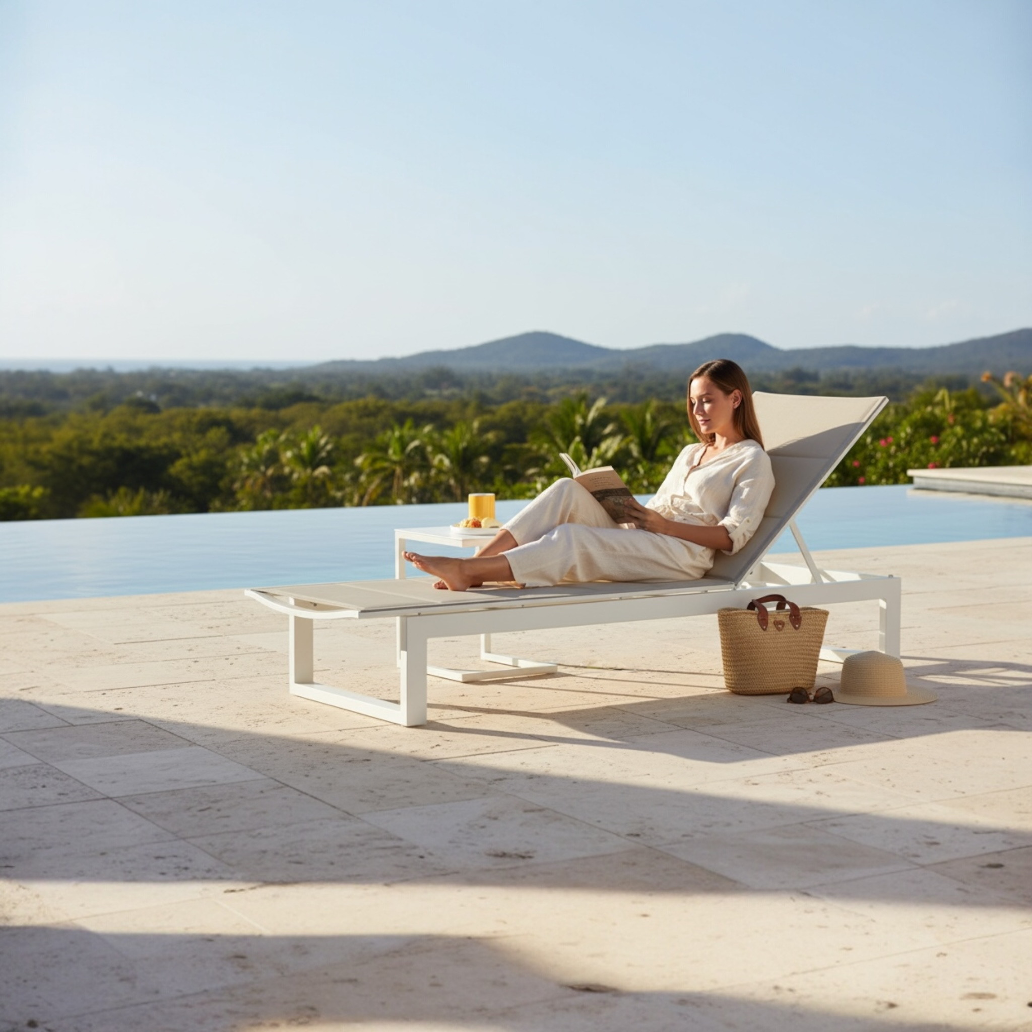 Bain de soleil COMO en aluminium haut de gamme taupe avec tissu 100% oléfine, design luxe et élégant, pieds en teck FSC.