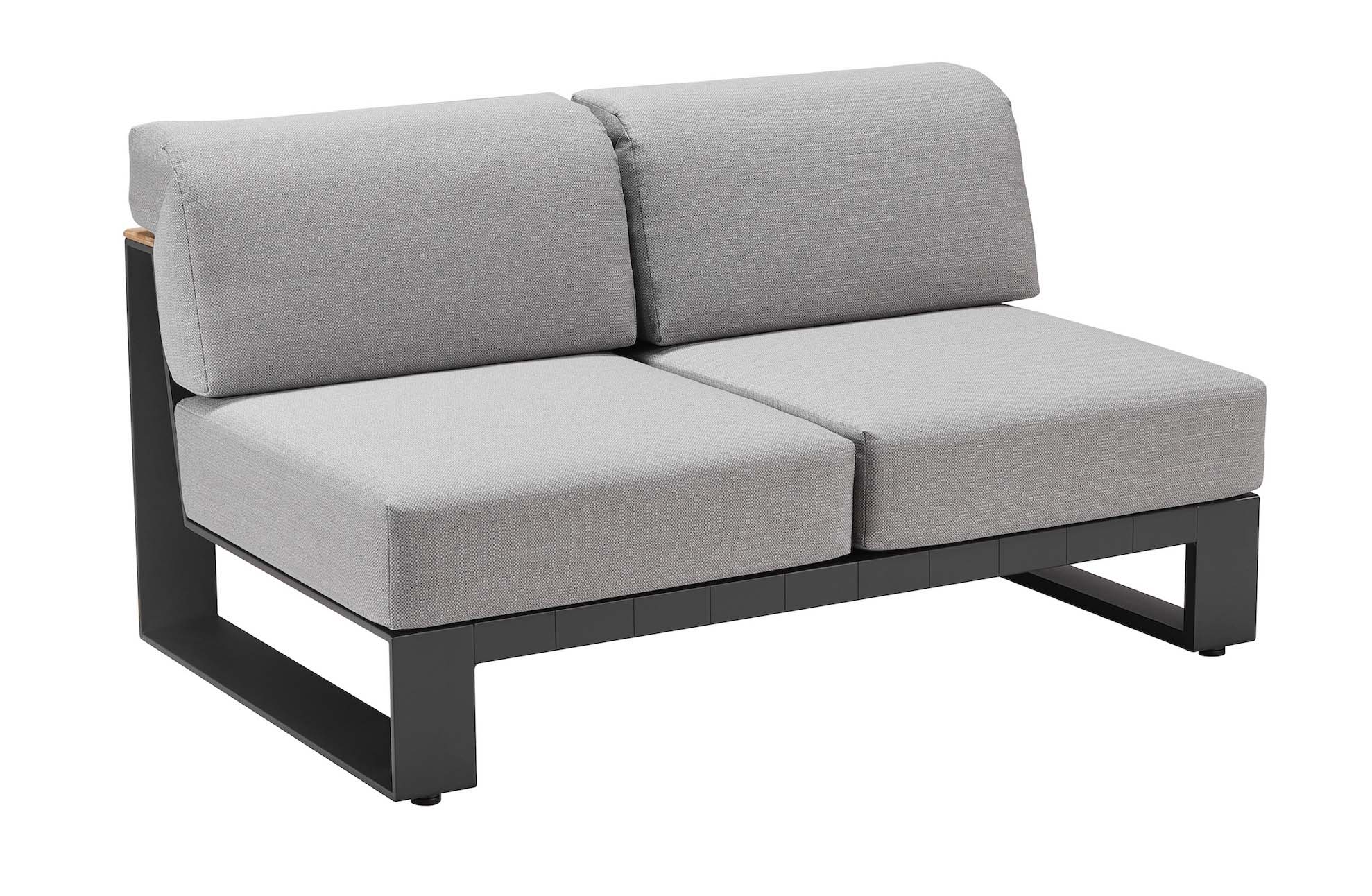 Canapé d'angle contemporain en aluminium anthracite avec coussins déhoussables en tissu acrylique gris, structure robuste en .