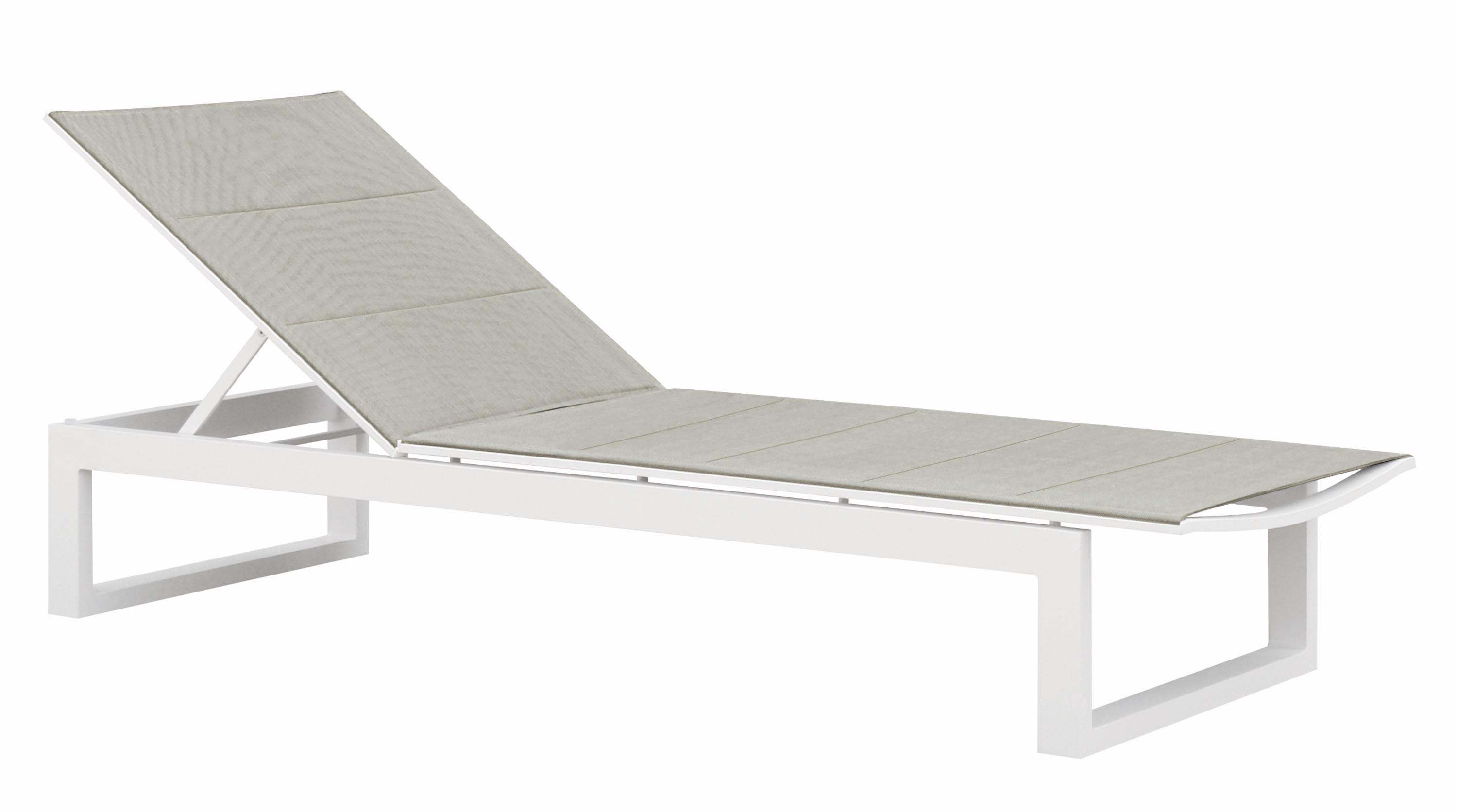 Bain de soleil en aluminium haut de gamme blanc avec tissu taupe 100% oléfine, housse déperlante et déhoussable, design.