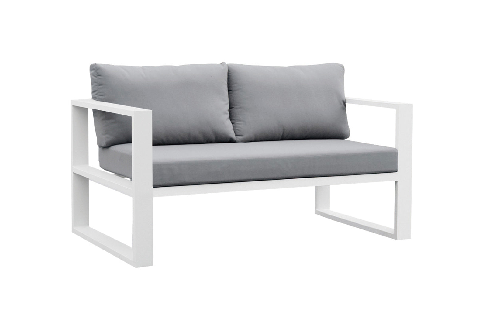 Canapé modulable de jardin extérieur luxe en aluminium blanc mat avec coussins gris épais, design élégant et minimaliste.
