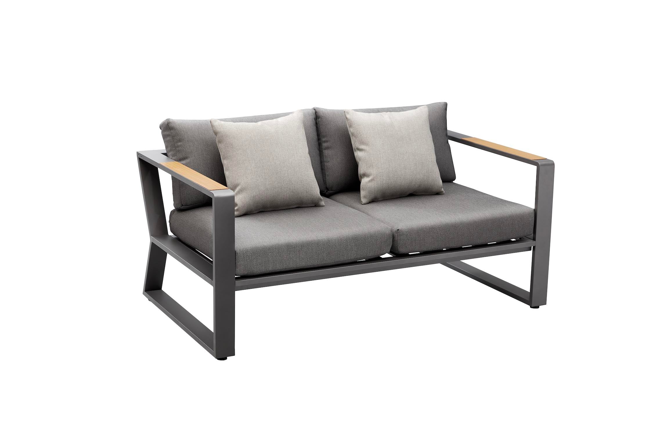 Canapé deux places en aluminium haut de gamme noir avec accoudoirs en teck FSC, coussins en tissu fibre oléfine gris.