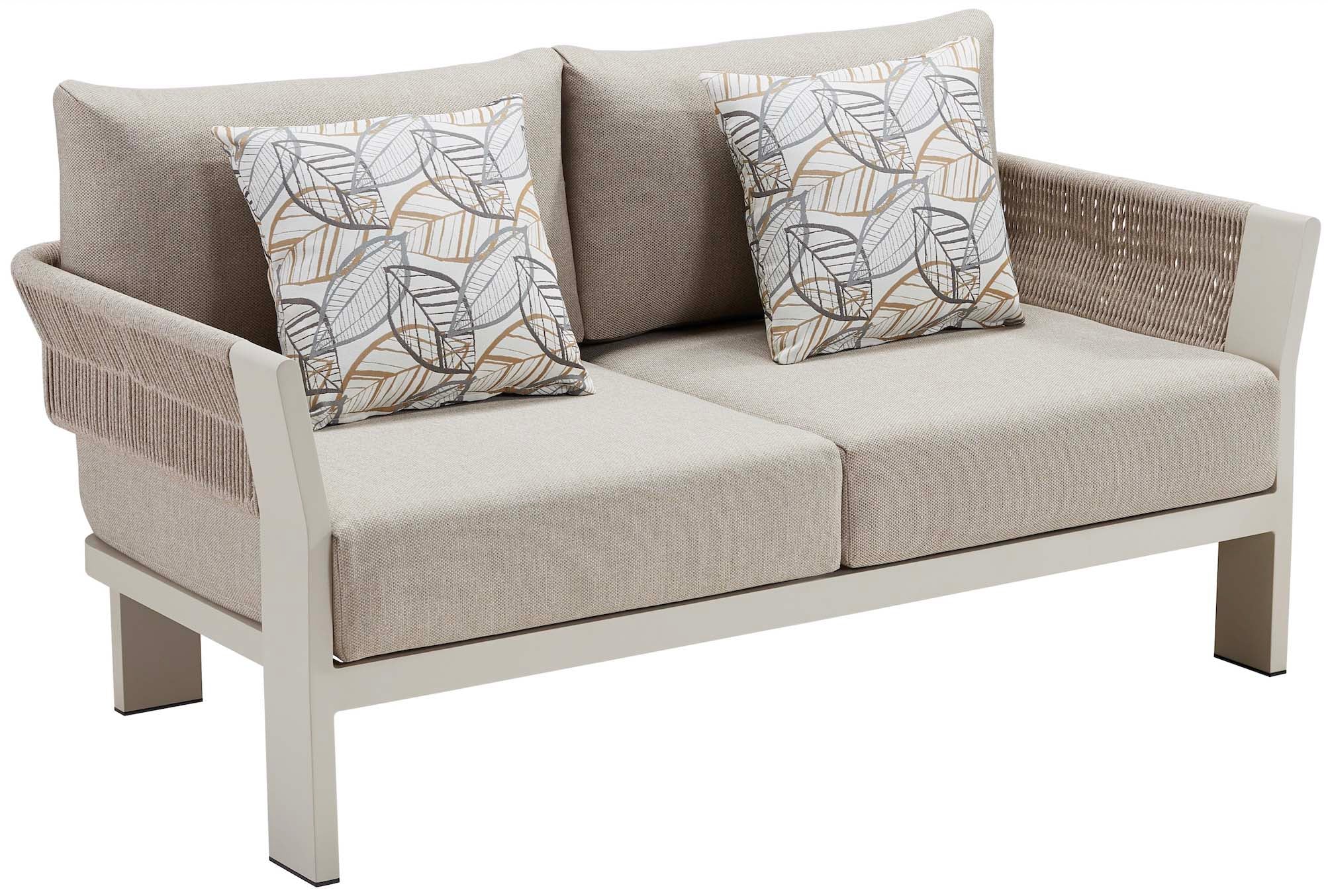 Canapé de jardin 4 places en aluminium blanc, corde tressée beige sur les côtés, assise en teck FSC avec coussins.