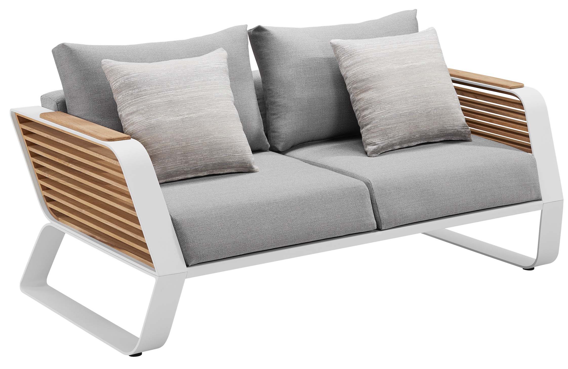 Salon de jardin 2 places en aluminium blanc et lattes en Teck FSC, coussins gris clair haut de gamme, design italien.