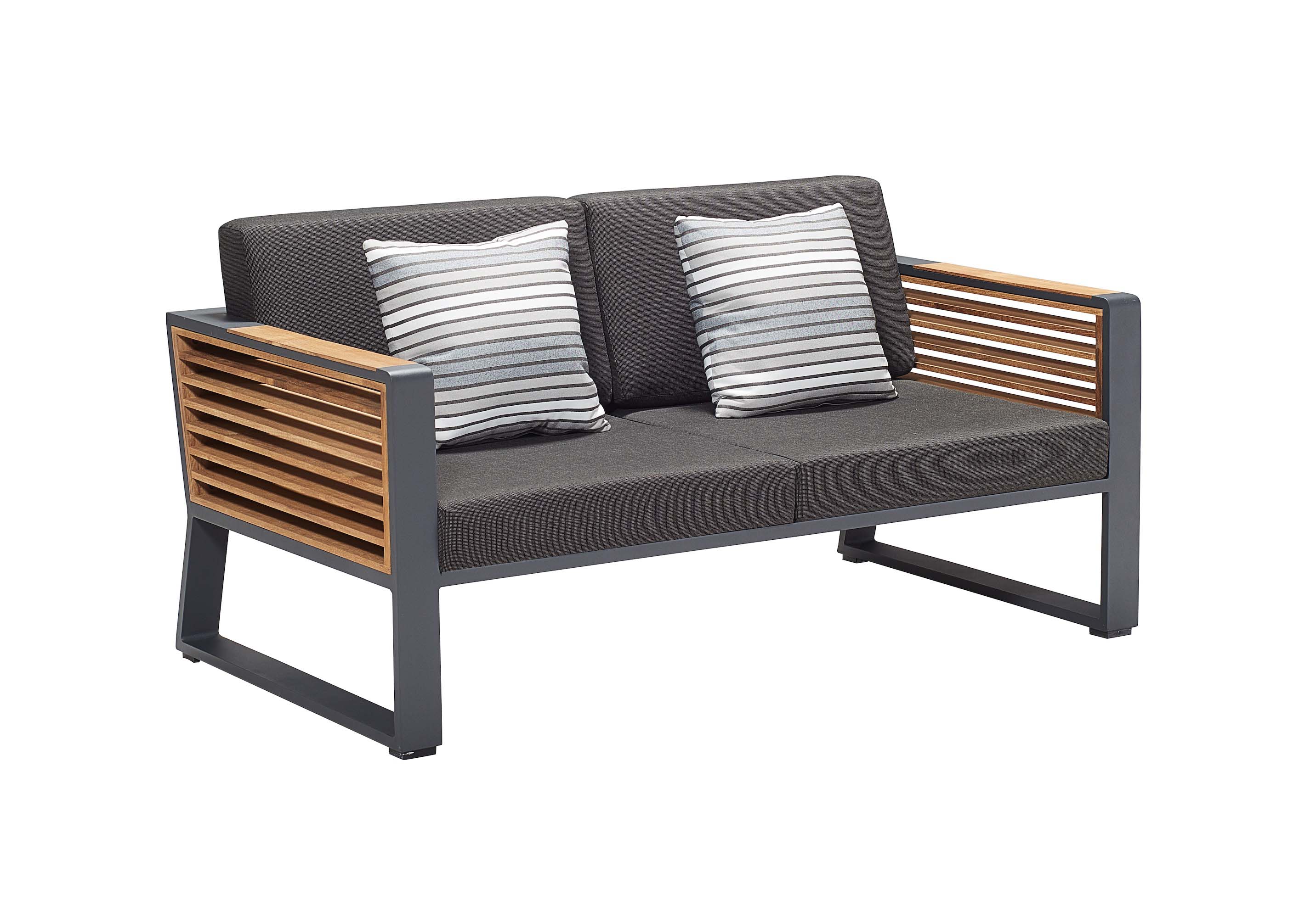Canapé 2 places en aluminium gris anthracite avec accoudoirs en Teck FSC, coussins en tissu 100% Oléfine gris foncé