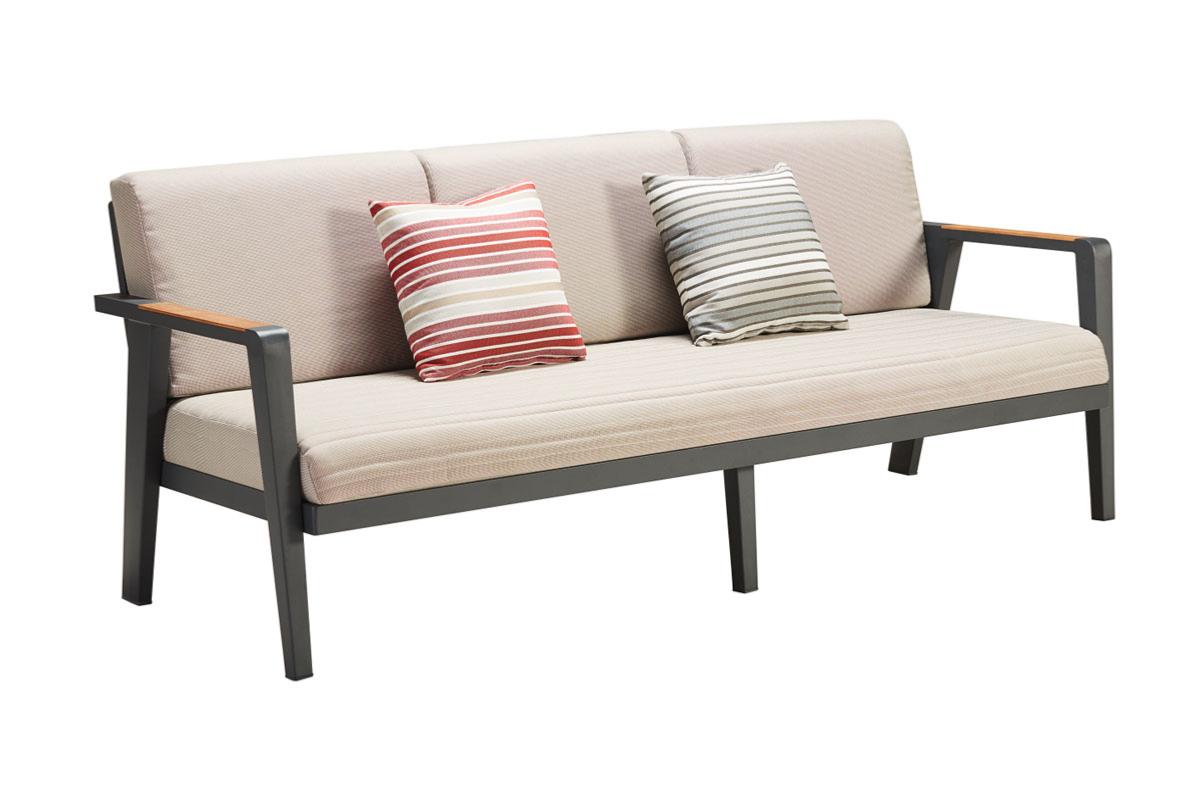 Canapé d’extérieur en aluminium haut de gamme noir mat, assise et dossier en tissu oléfine beige avec housse déperlante.