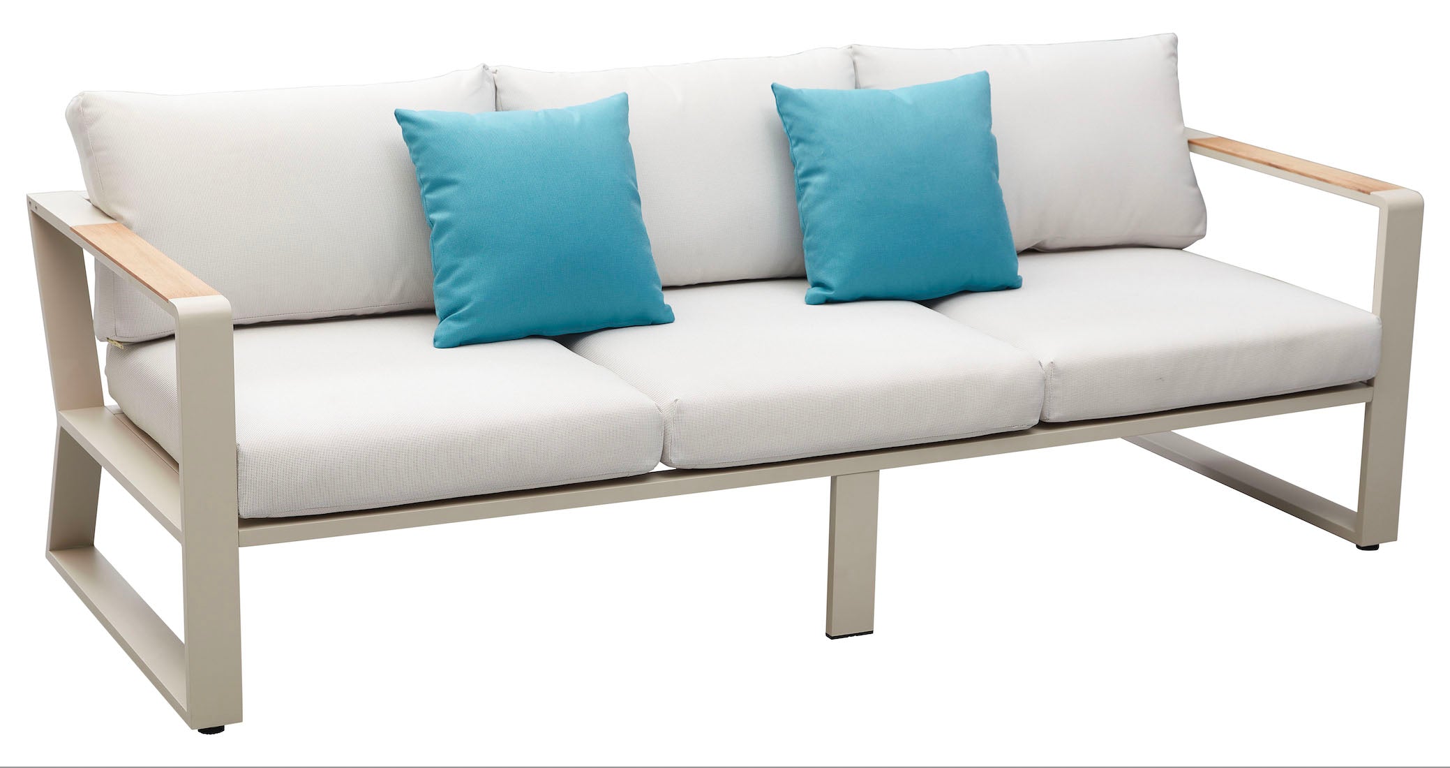 Canapé d'extérieur en aluminium haut de gamme avec accoudoirs en teck FSC, peinture époxy beige, coussins en tissu fibre.