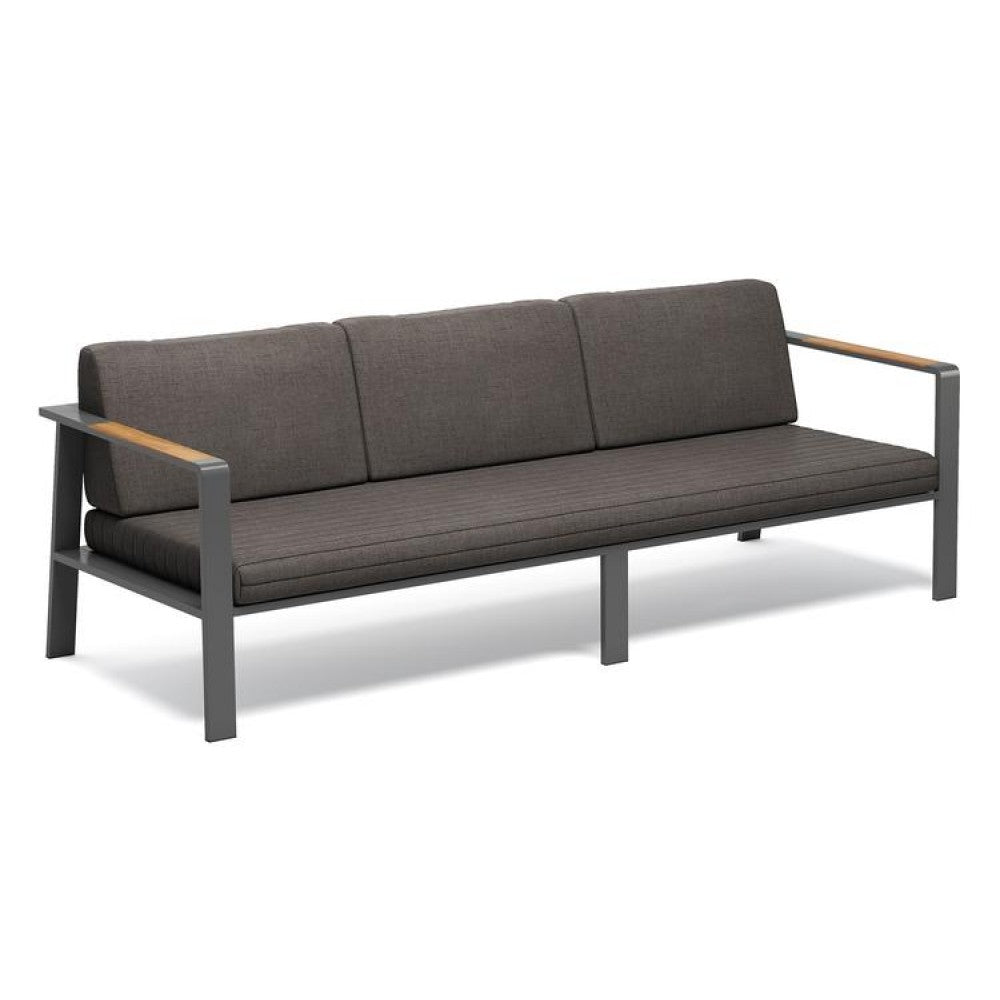 Salon de jardin 5 places en aluminium haut de gamme noir mat, assise et dossiers en tissu oléfine gris foncé, accoudoirs.