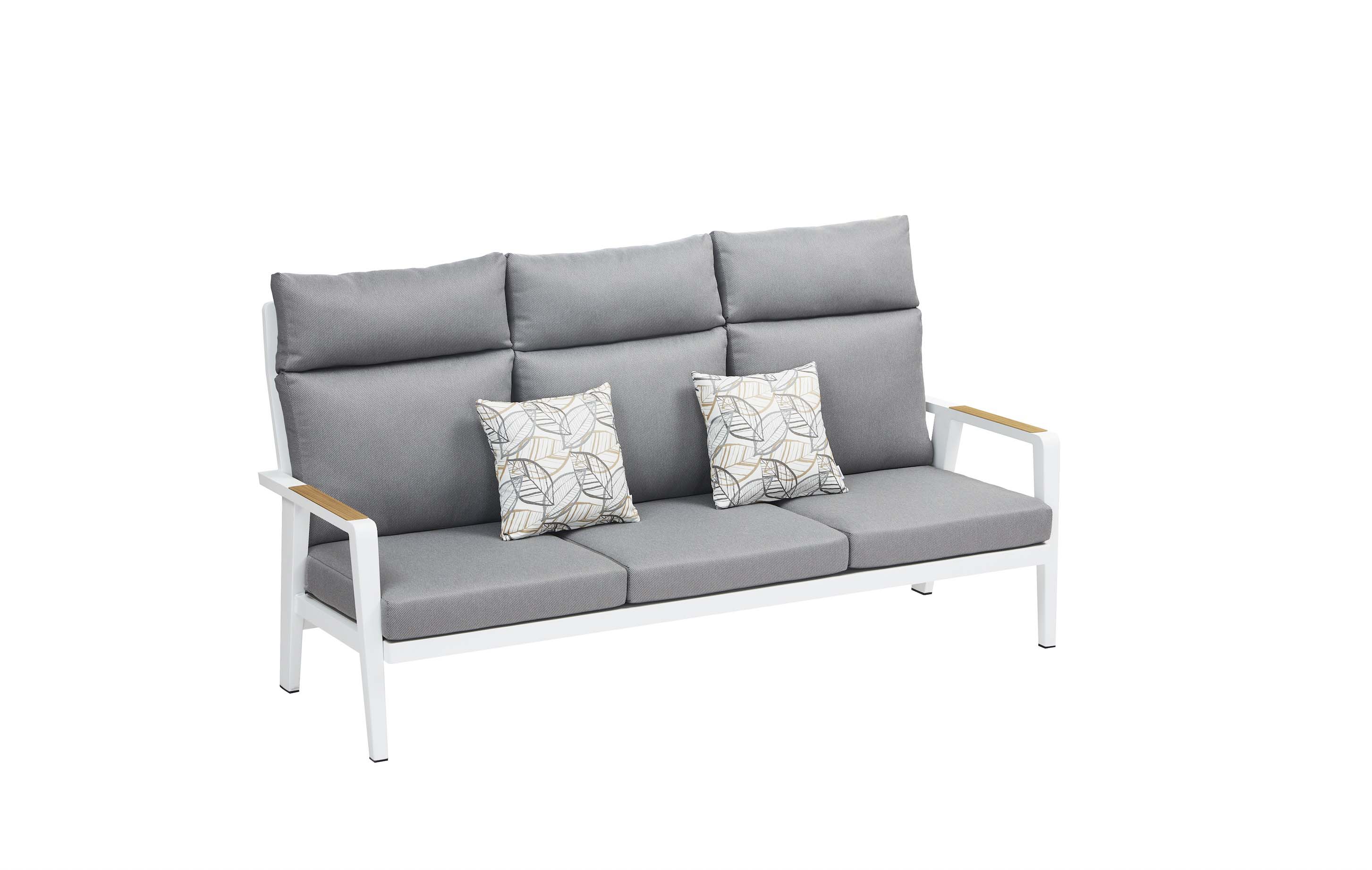 Salon de jardin trois places luxe avec structure aluminium inoxydable blanche, dossier inclinable, coussins en tissu Oléfine.