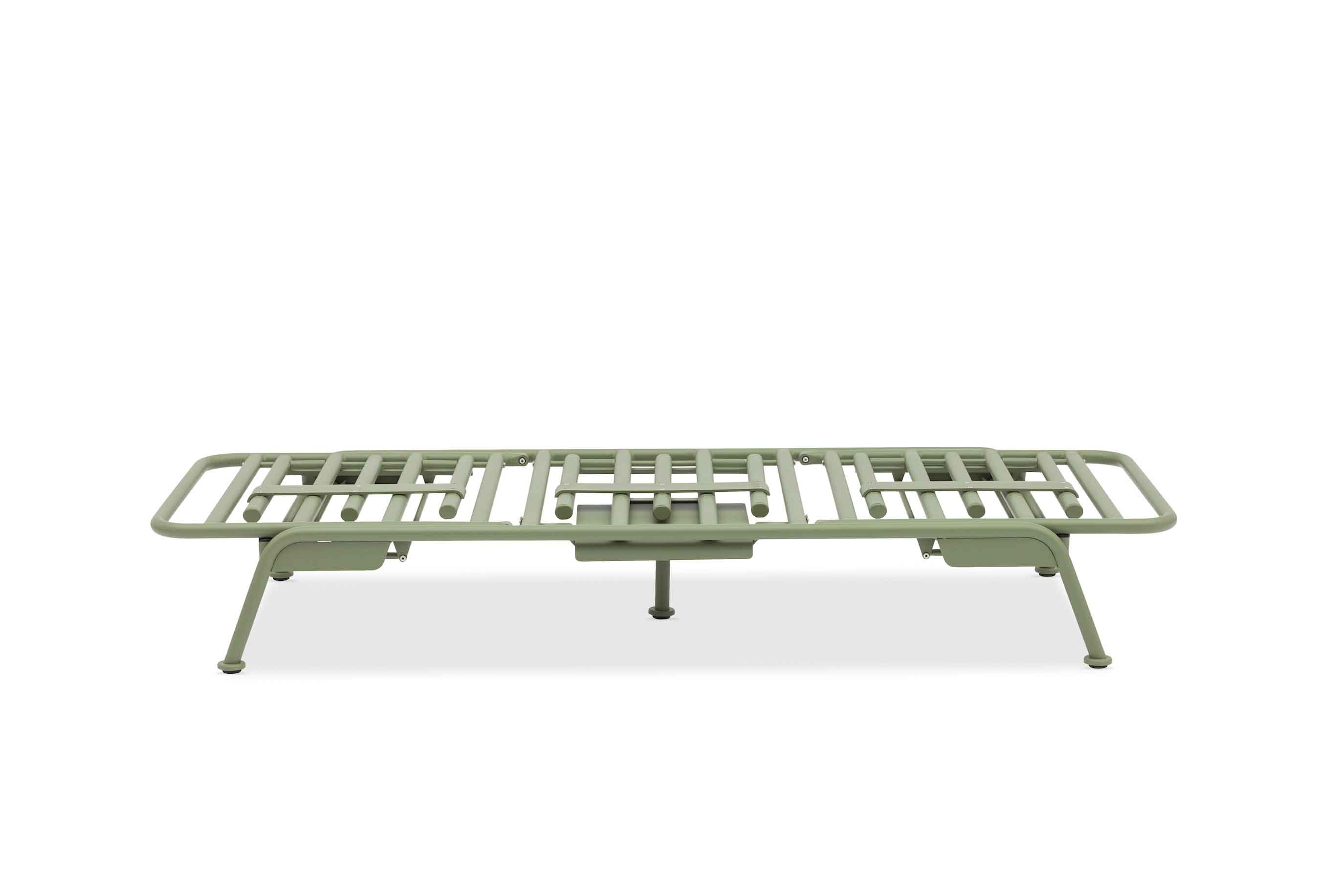 Structure bain de soleil modulable en aluminium vert mat, design Belgian luxe, collection Sunny, lignes épurées et solides.