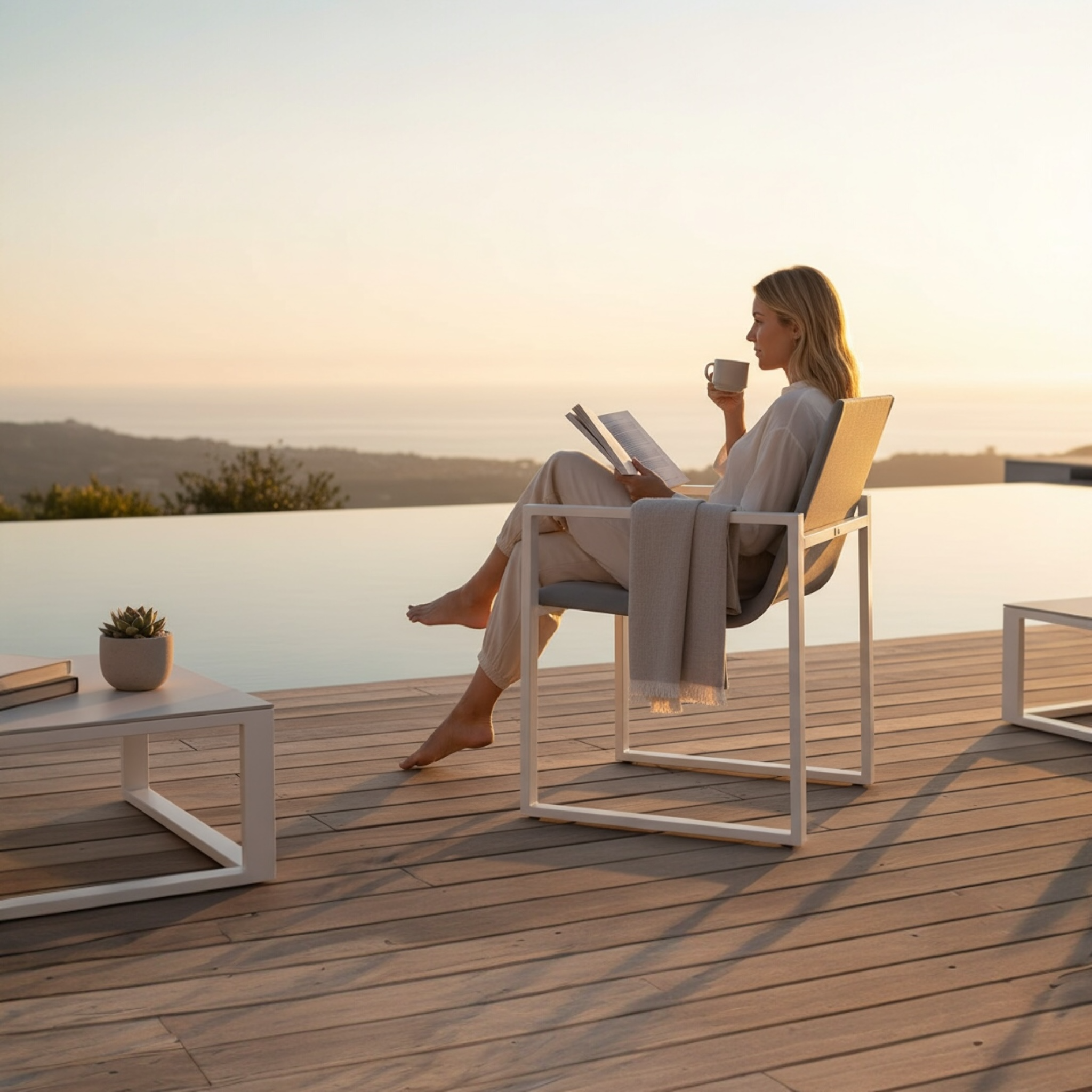 Chaise de jardin de luxe en aluminium haut de gamme gris, assise en tissu 100% oléfine déperlant et déhoussable, structure.