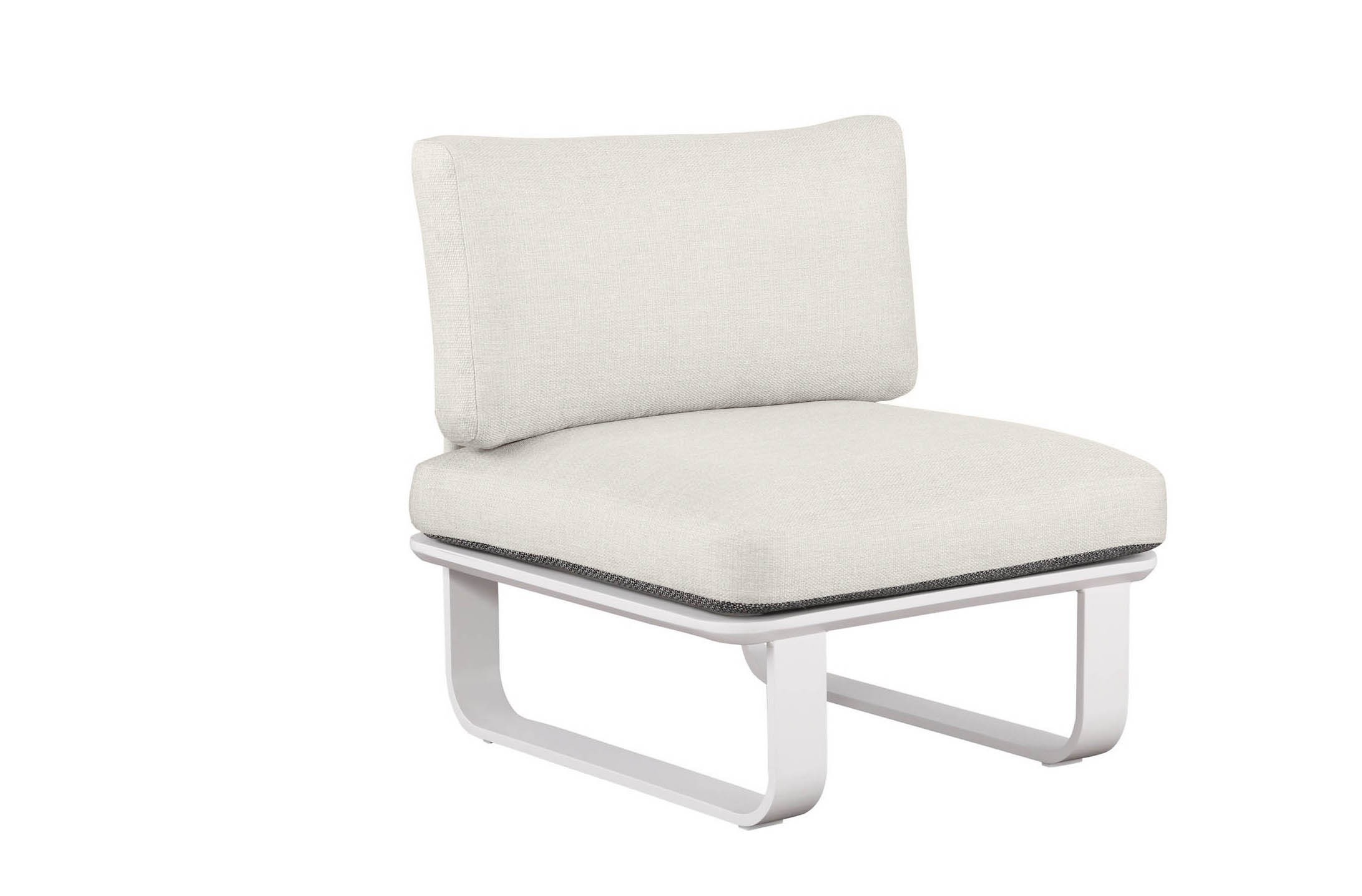 Fauteuil d'angle en aluminium haut de gamme avec coussins en mousse Quick Dry Foam, housse déperlante et déhoussable beige.