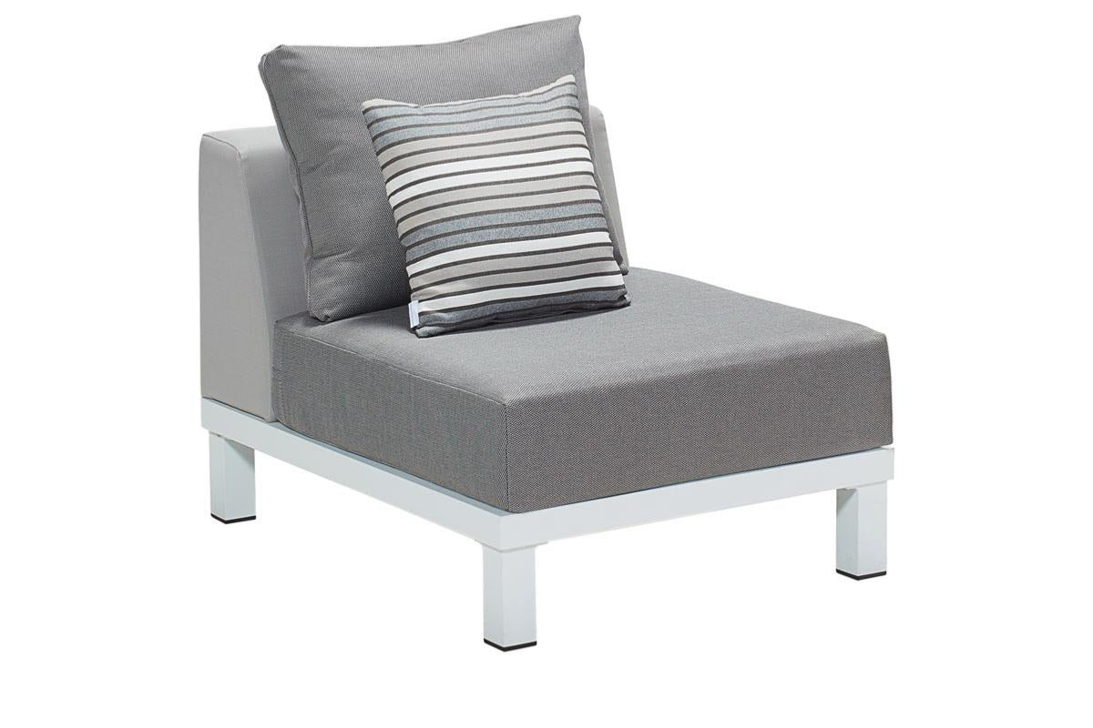Module d'angle de salon en aluminium design blanc, assise en tissu Oléfine gris, coussins gris uni et rayé, structure.