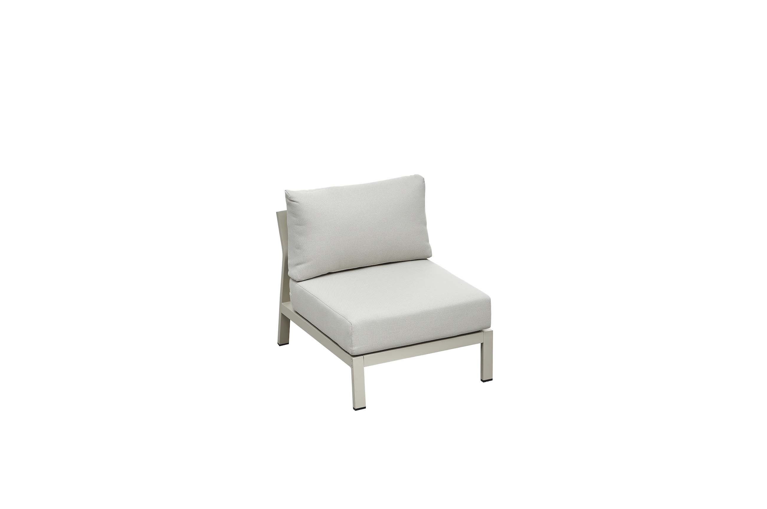 Module d'angle de canapé de jardin en aluminium haut de gamme, coussins épais gris clair en textilène sur structure beige.
