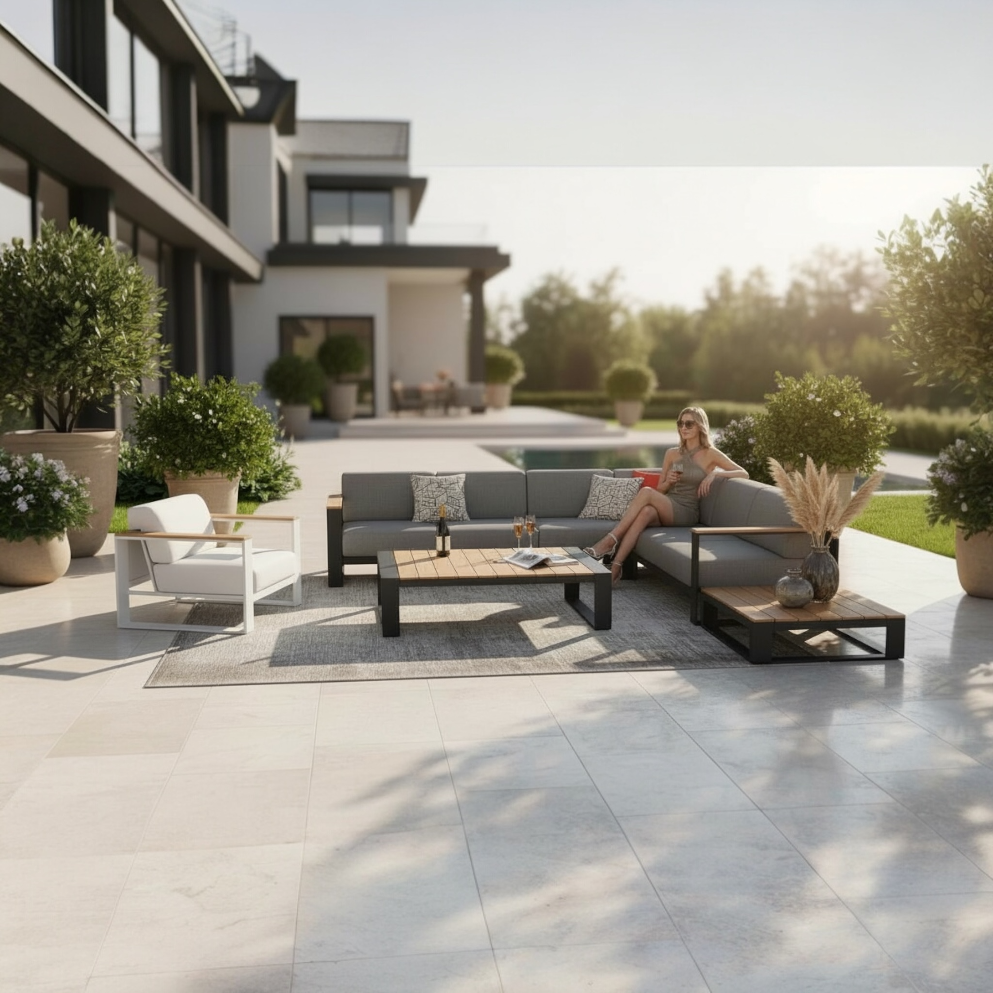 Salon de jardin d'angle contemporain en aluminium noir et teck SFC, coussins gris en tissu acrylique déhoussables et.