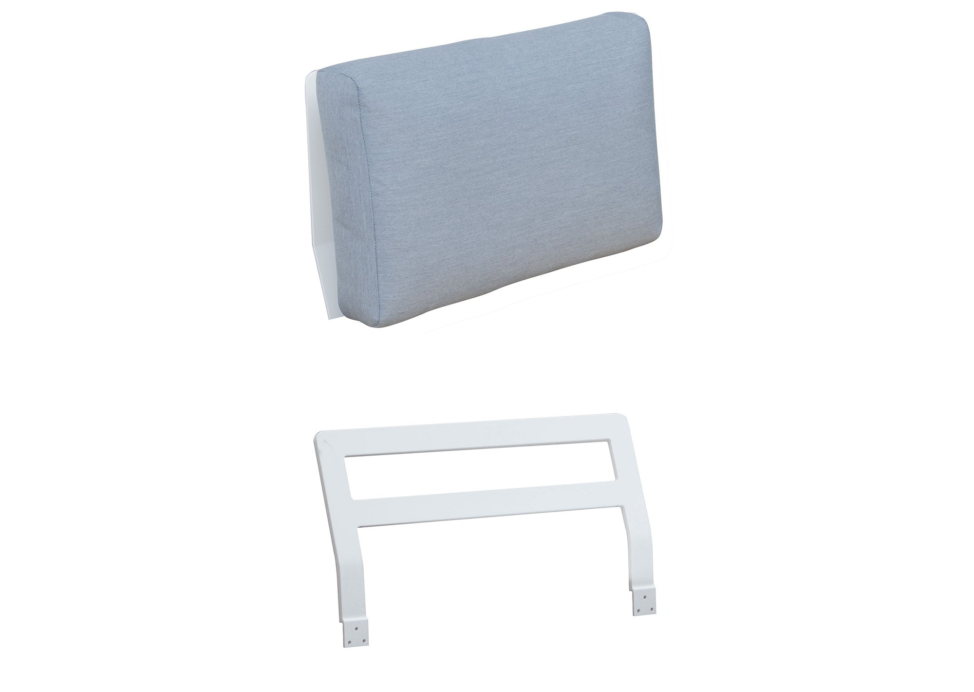 Dossier gris clair en tissu 100% Oléfine déperlant et déhoussable avec structure aluminium inoxydable blanche, design.