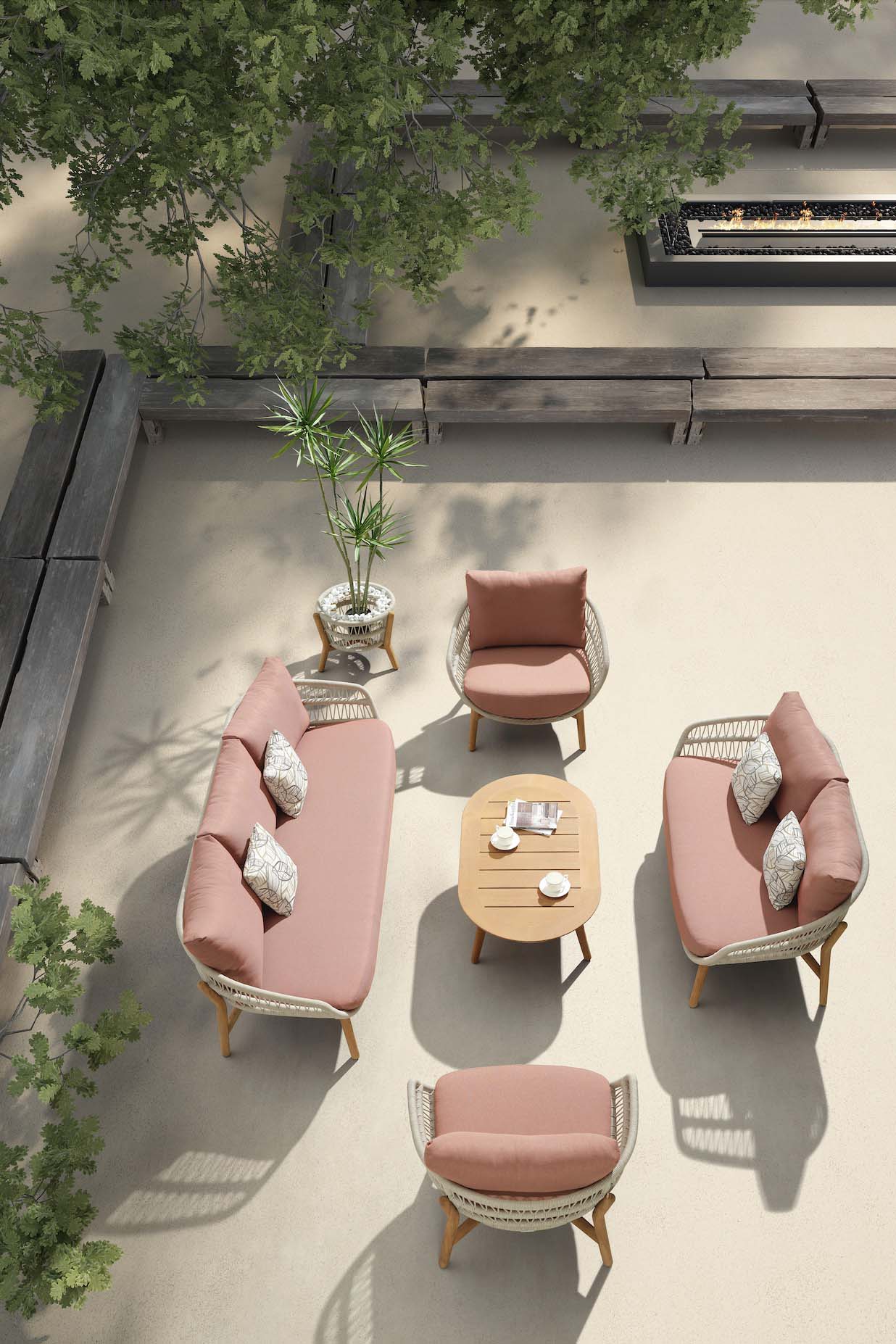 Ensemble canapé jardin 7 places en teck FSC et corde tressée couleur rose, design italien méditerranéen, coussins.
