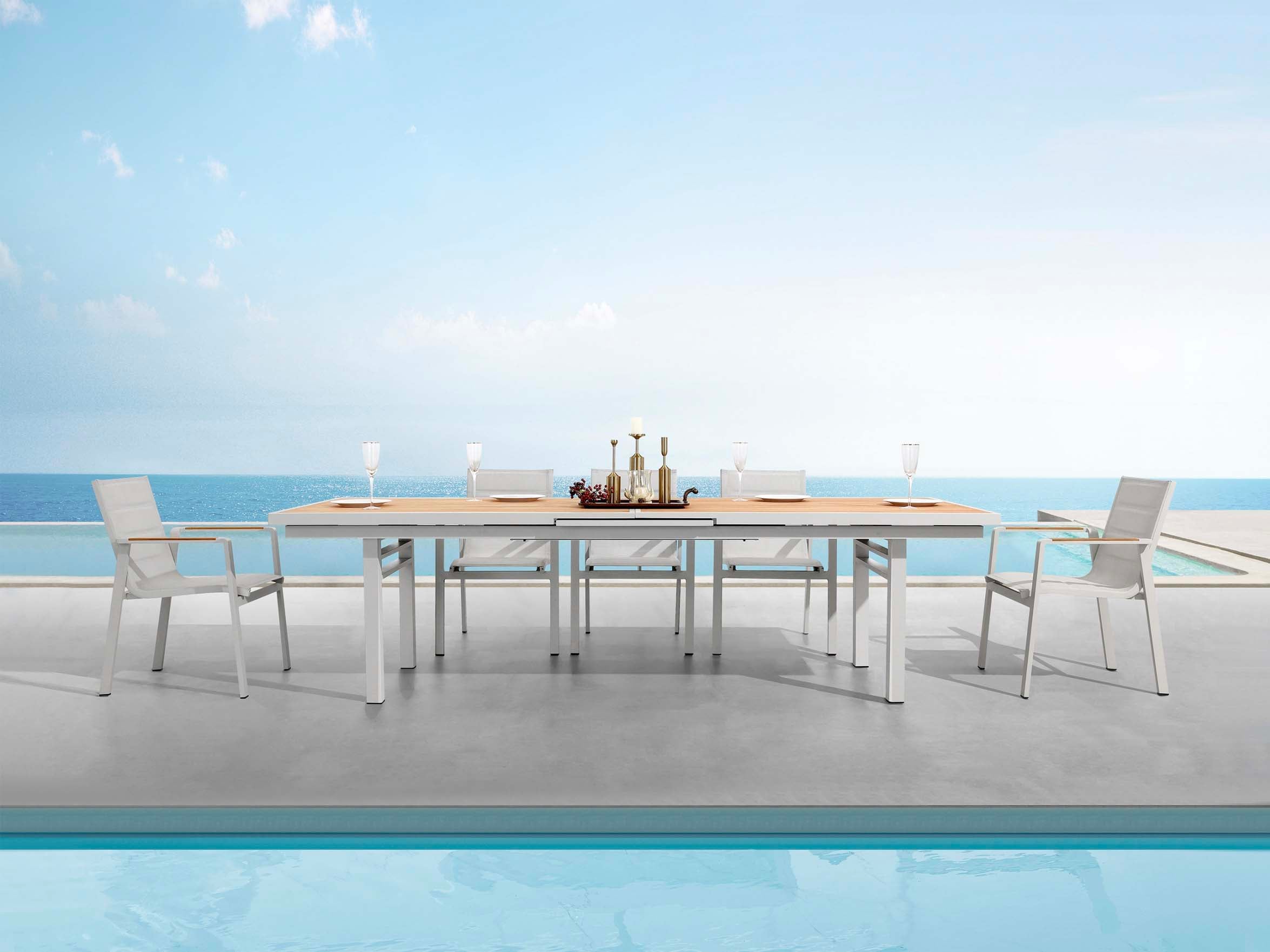 Ensemble repas extensible en aluminium haut de gamme et teck FSC beige, 10 places, design luxe méditerranéen, chaises avec.