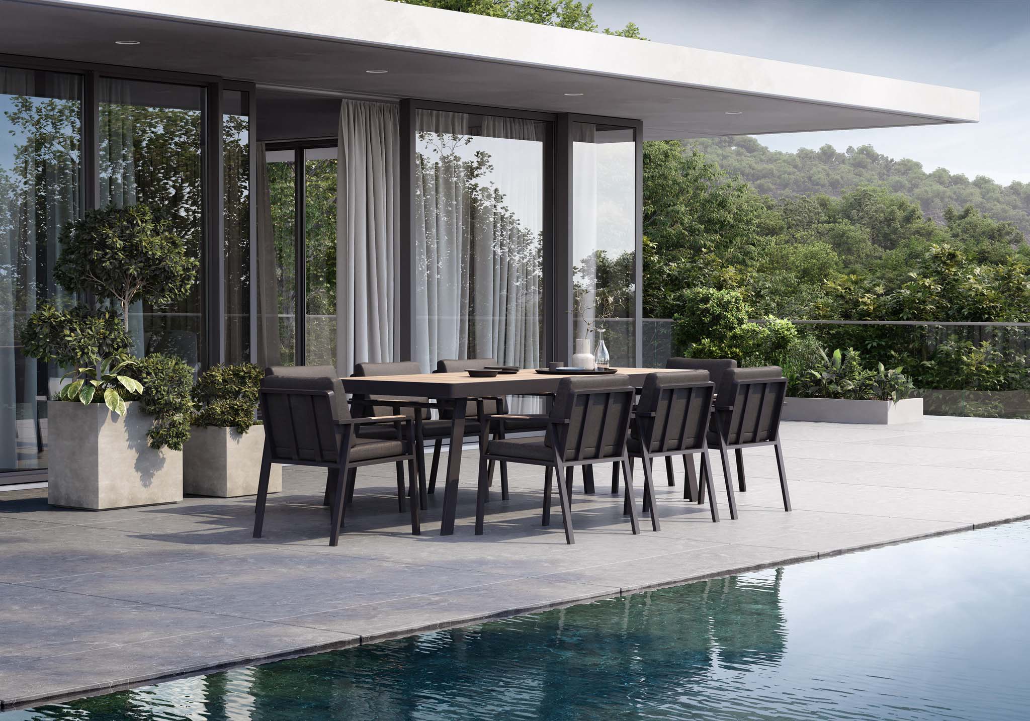 Fauteuil de repas noir en aluminium haut de gamme et teck FSC, coussin en tissu oléfine déperlant et déhoussable, design.