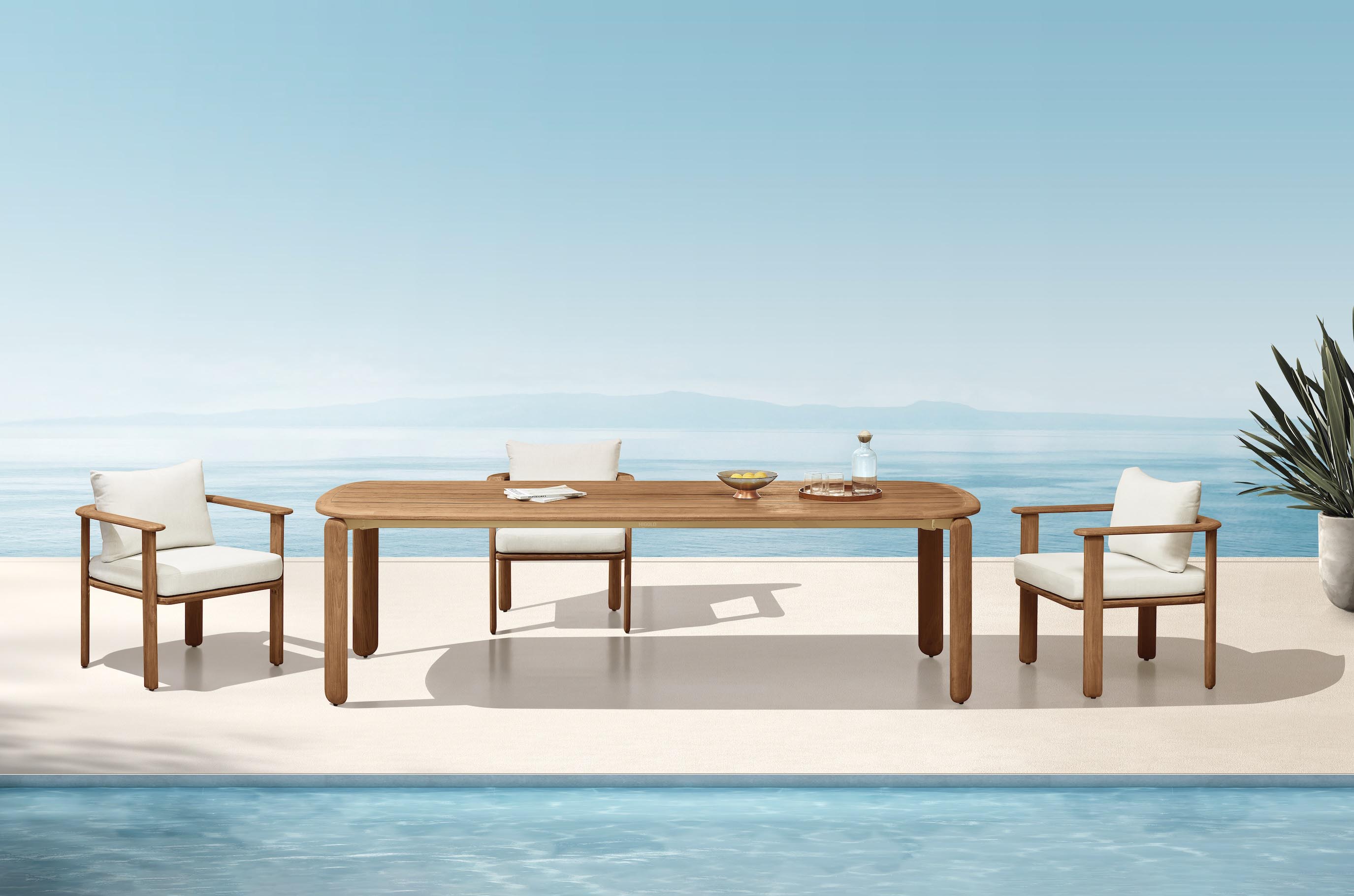Ensemble repas jardin 8 places en teck FSC massif, design italien élégant, fauteuils avec housses déhoussables en tissu.