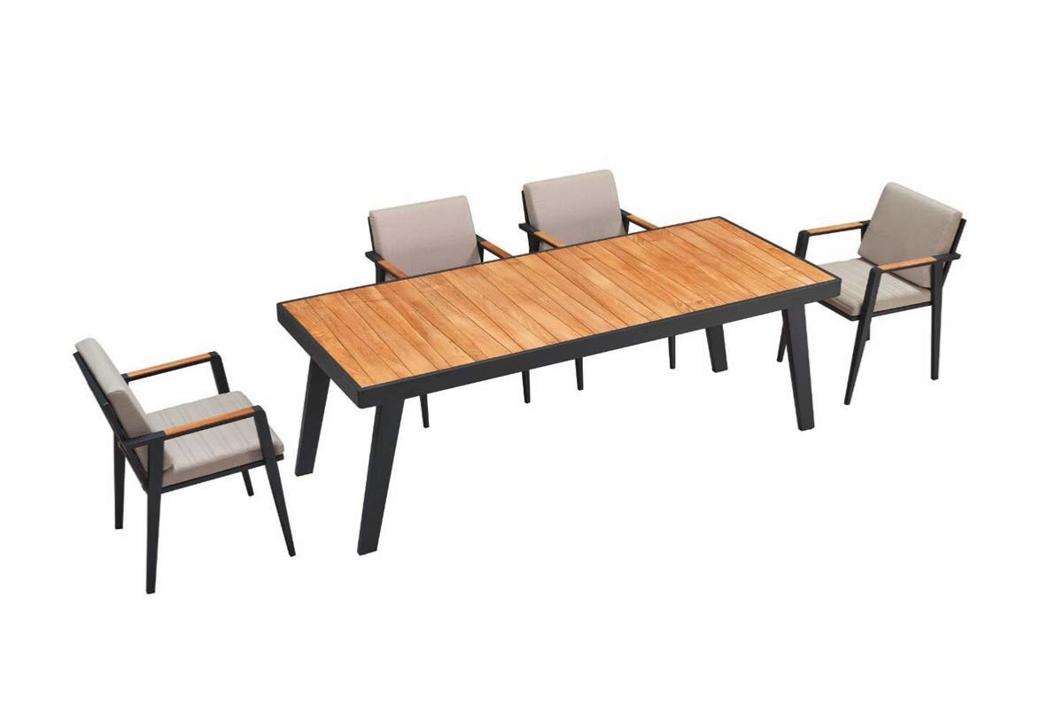 Ensemble repas 8 places luxe en aluminium haut de gamme noir mat et teck FSC naturel, chaises avec coussins en tissu oléfine.