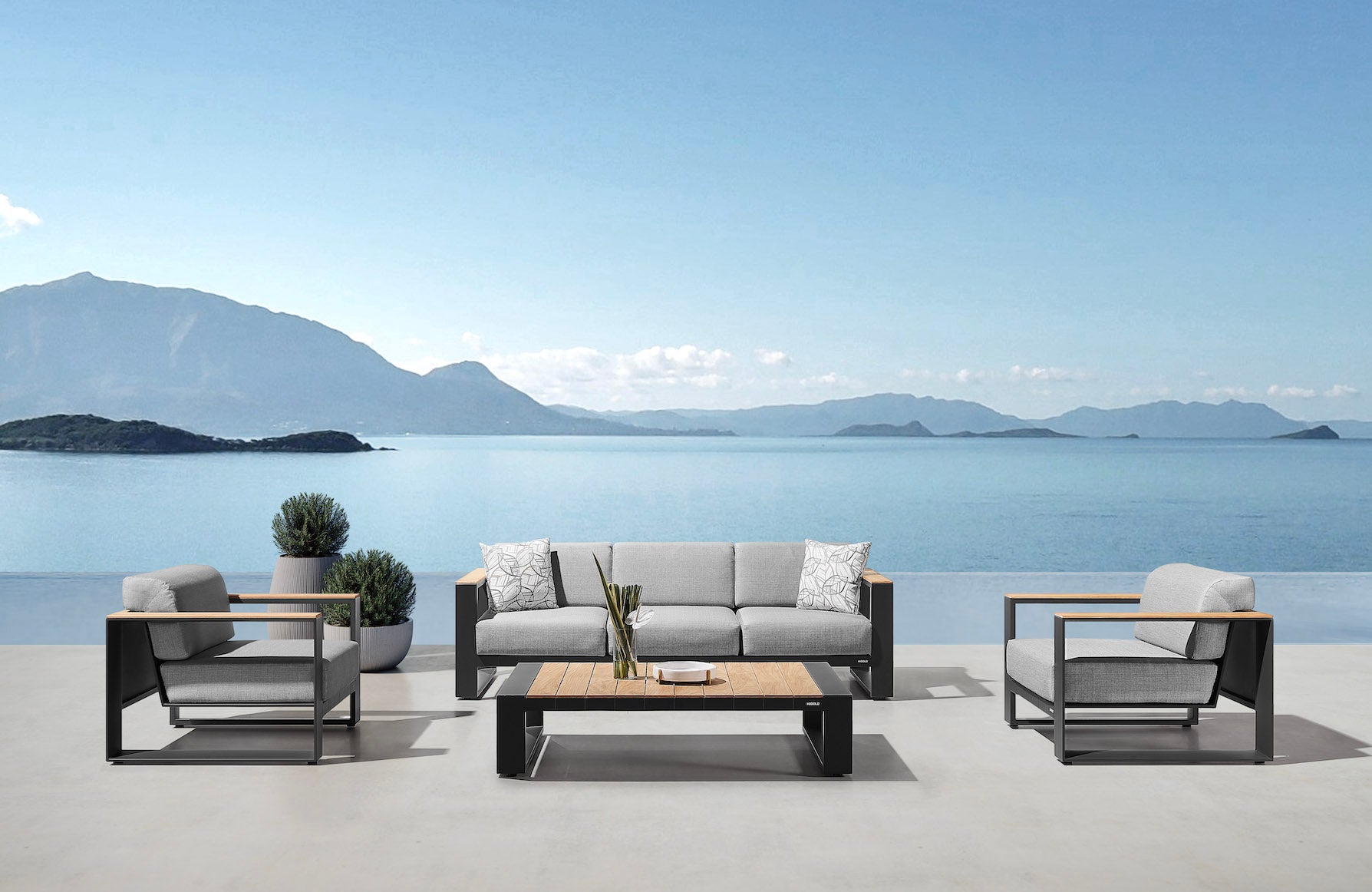Canapé de jardin 5 places en aluminium noir mat et teck SFC, coussins en tissu acrylique gris clair, déhoussables et.