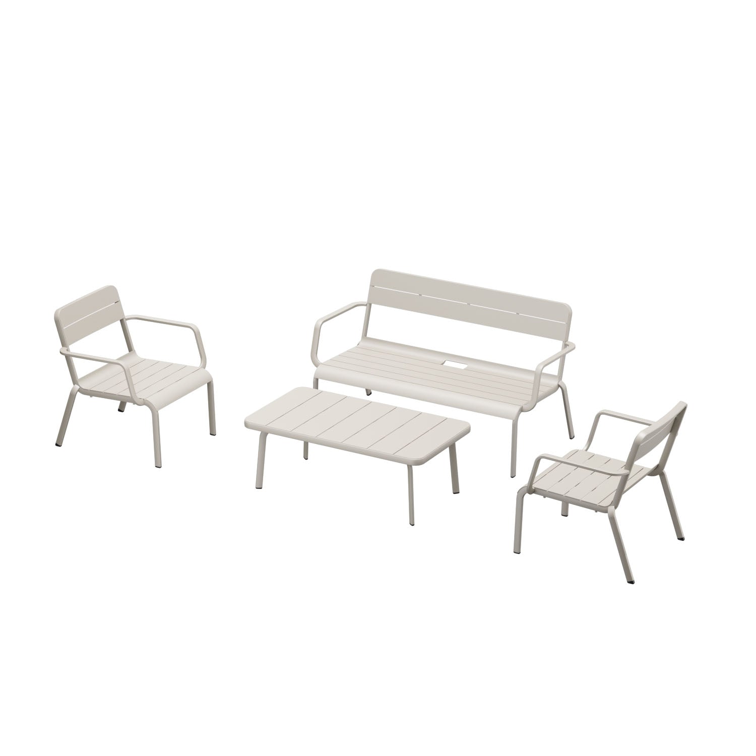 Salon de jardin 4 places en aluminium haut de gamme beige avec peinture époxy, design innovant, fauteuils empilables.