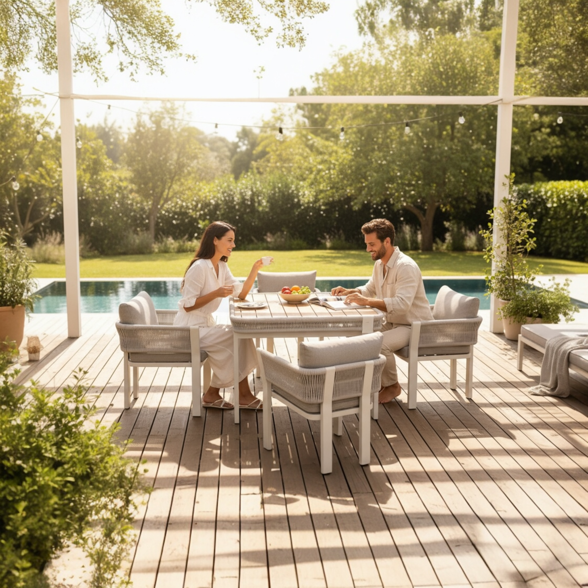 Table à manger extérieure en teck FSC avec fauteuils 4 places en aluminium et corde tressée, coussins déhoussables.