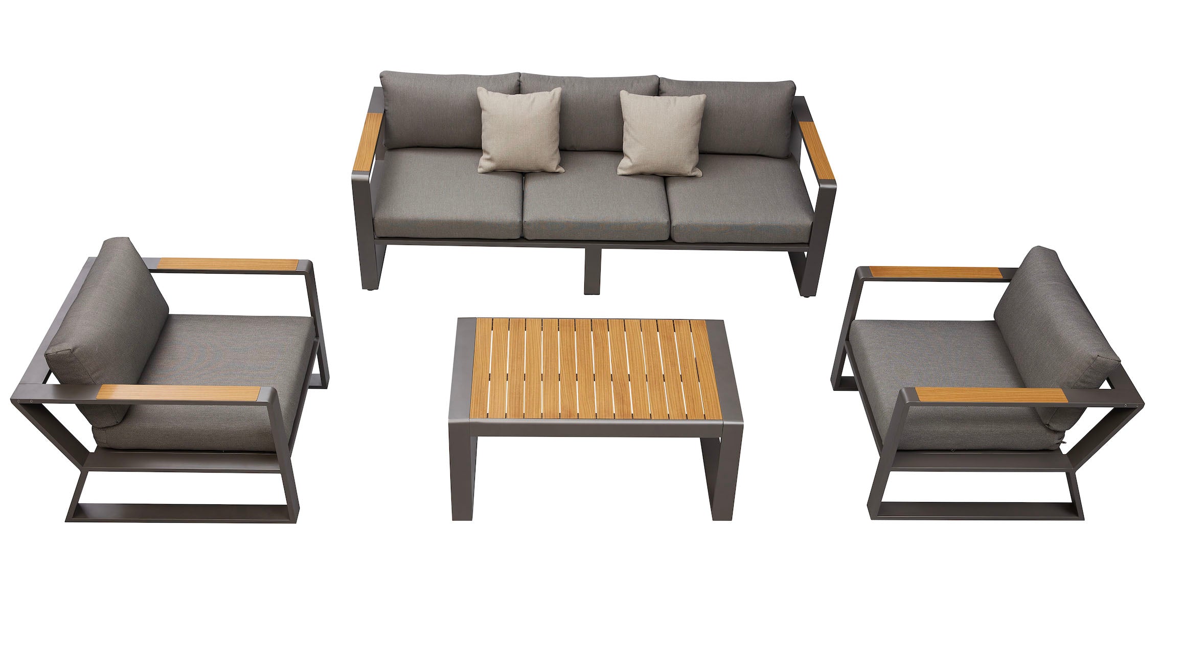 Salon de jardin design en aluminium haut de gamme peint à la peinture époxy noire, avec assises en tissu fibre oléfine gris.