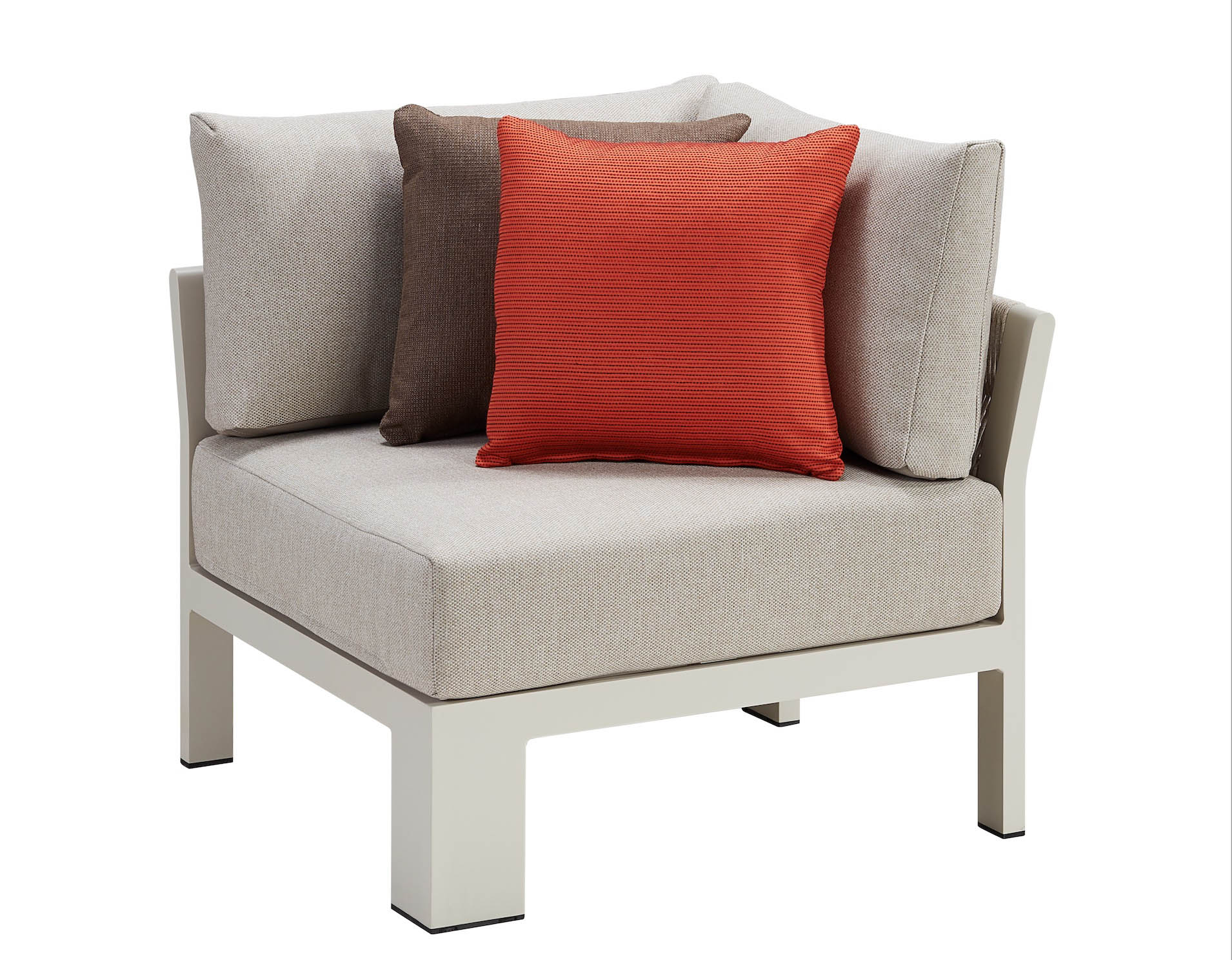 Canapé d'angle extérieur moderne en aluminium beige avec coussin déhoussable déperlant, dossier en corde tressée élégante.