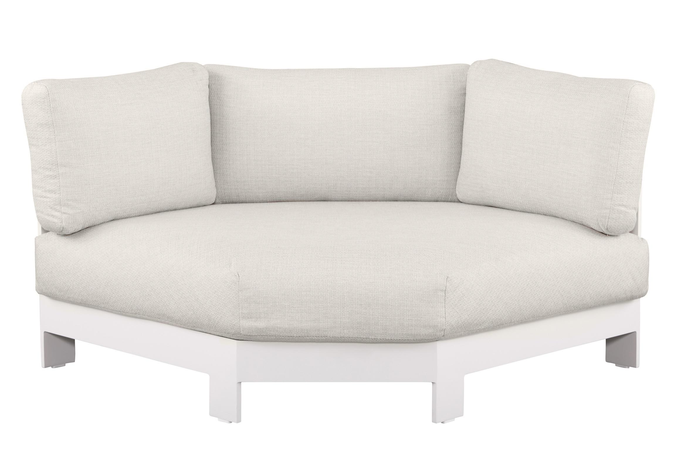 Salon d'angle modulable en aluminium haut de gamme blanc, coussins en tissu oléfine Sunproof beige, design luxe.