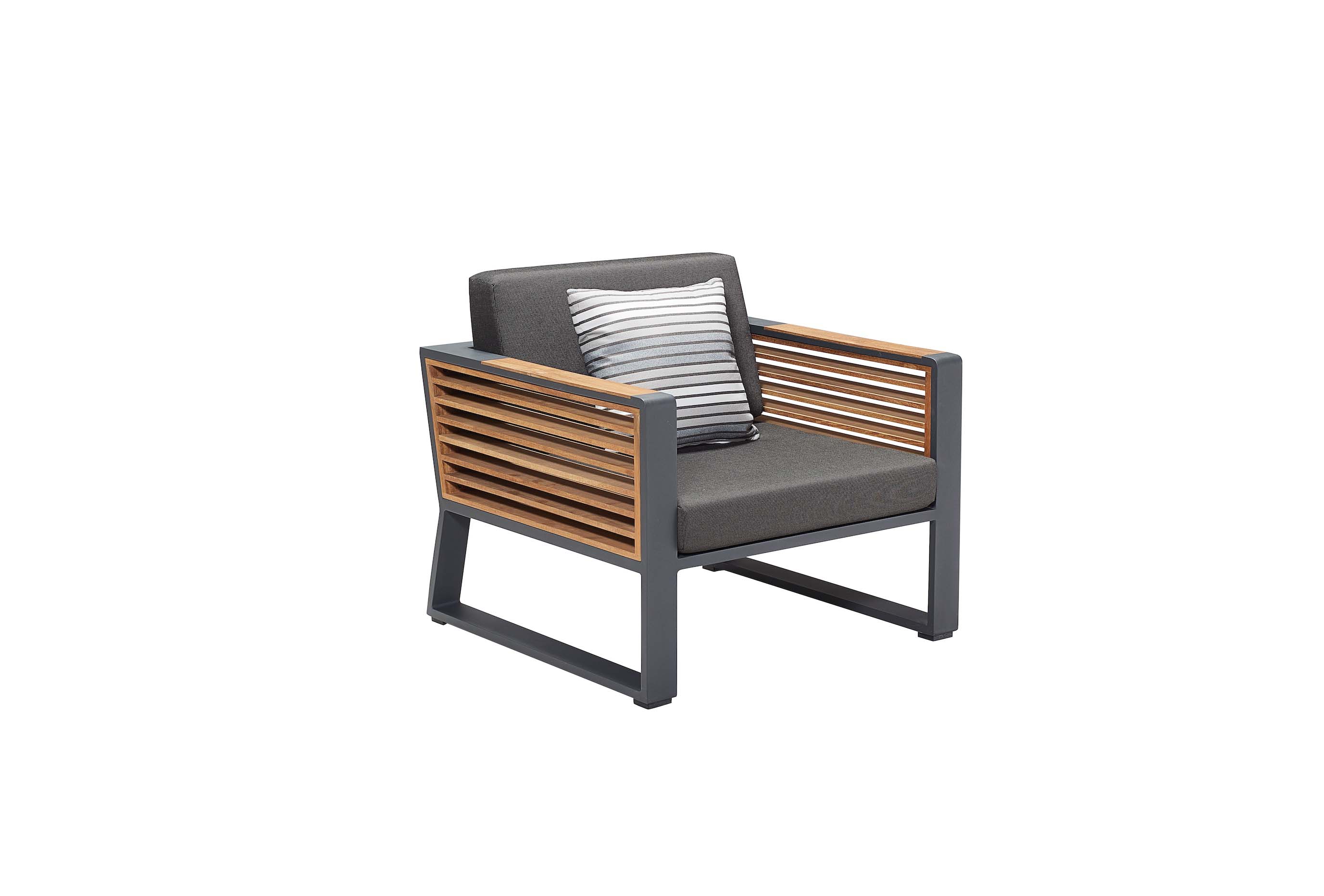 Fauteuil lounge en aluminium anthracite avec accoudoirs en Teck FSC aux lattes élégantes, coussin luxe