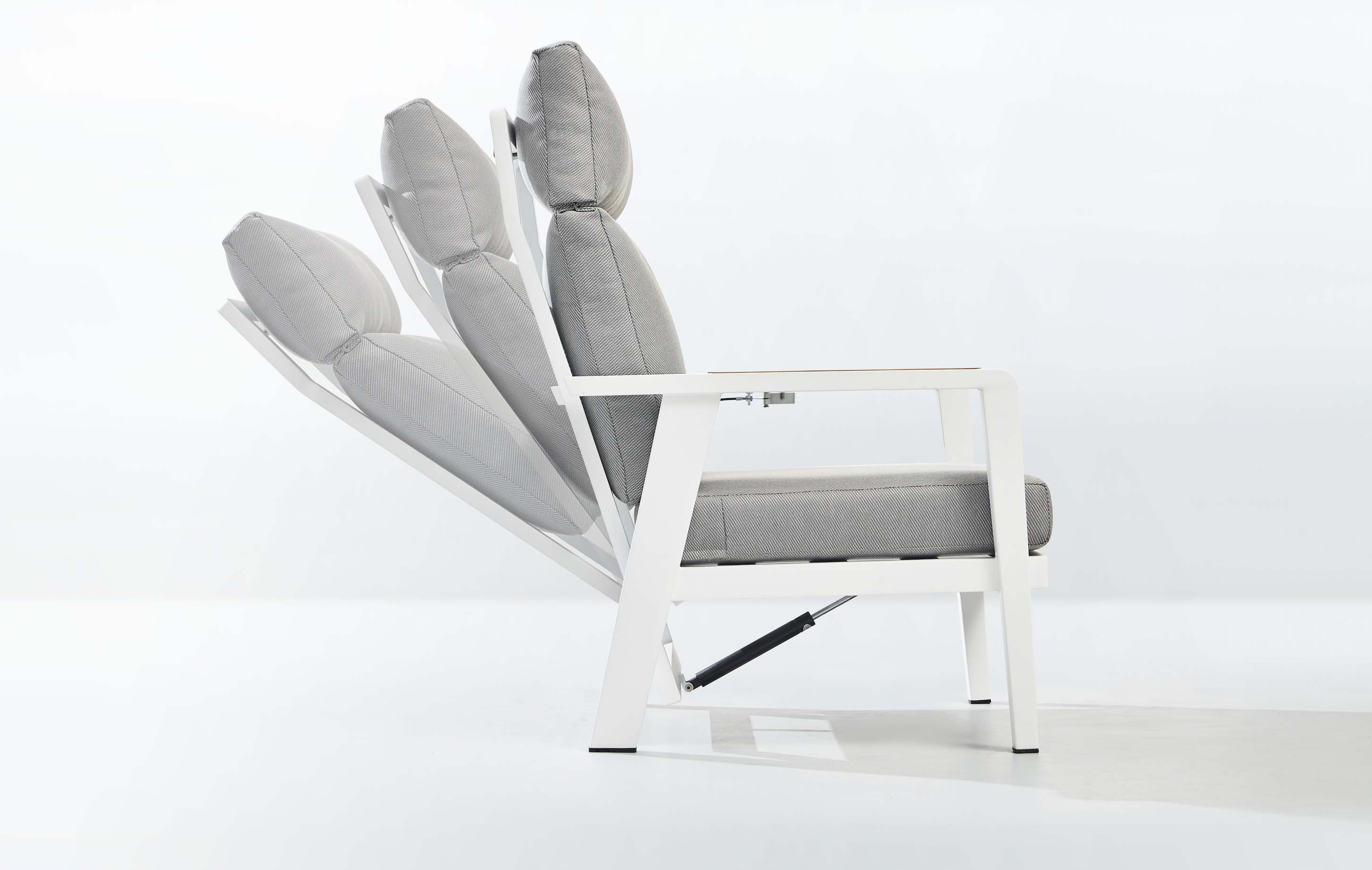 Fauteuil de jardin en structure aluminium inoxydable blanc, luxe avec tissu Oléfine 100% gris, dossier inclinable.