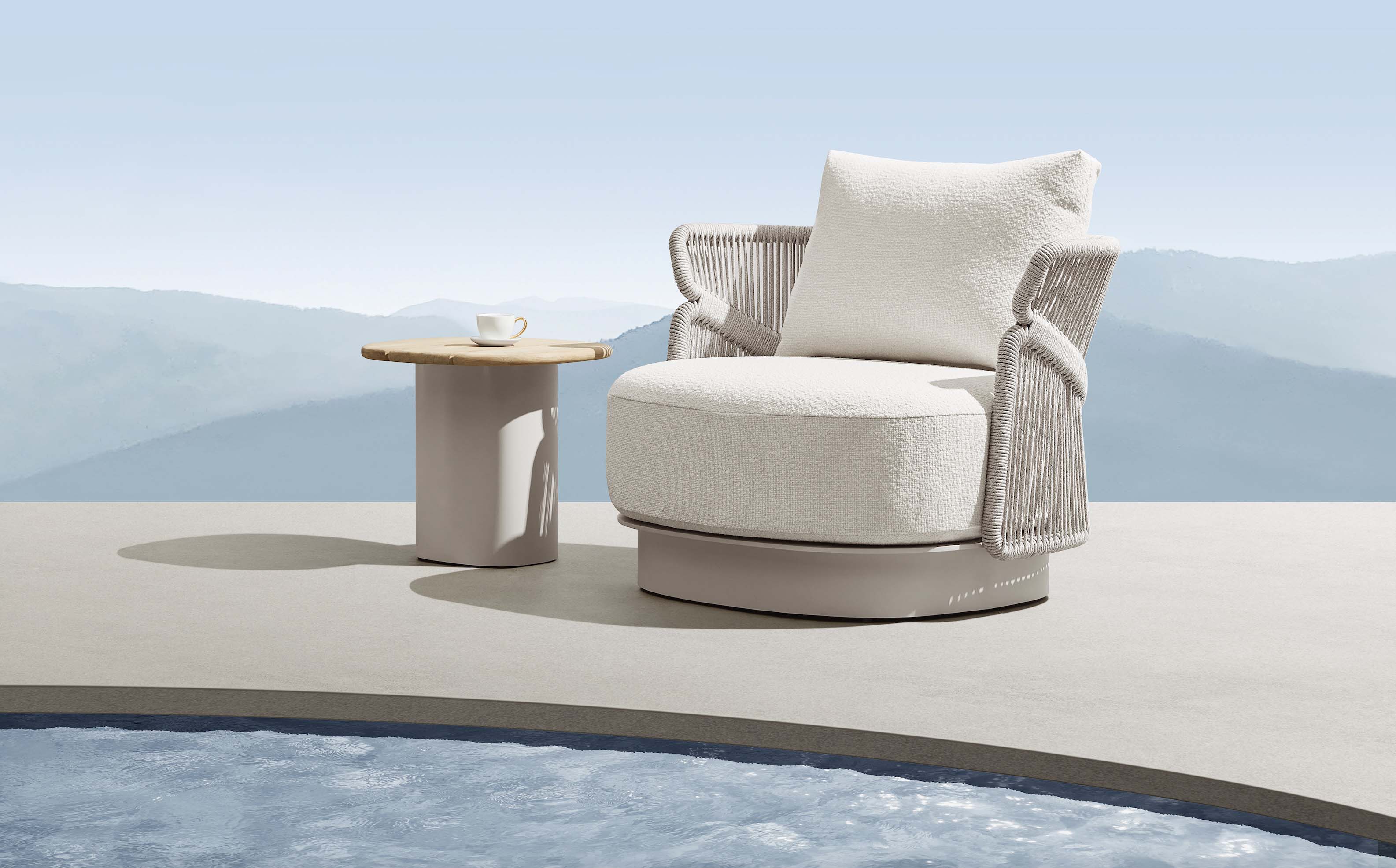 Salon de jardin lounge beige en aluminium et corde tressée, coussins oléfine, plateau Teck FSC, design italien luxueux.