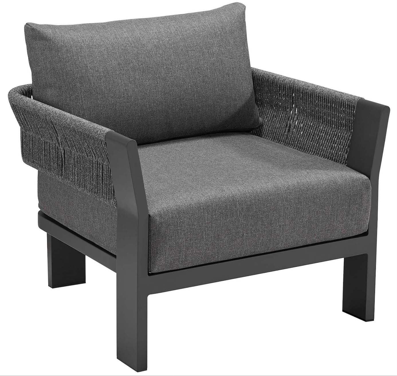 Fauteuil de jardin design en aluminium mat noir avec accoudoirs en corde tressée et coussins gris déhoussables déperlants.